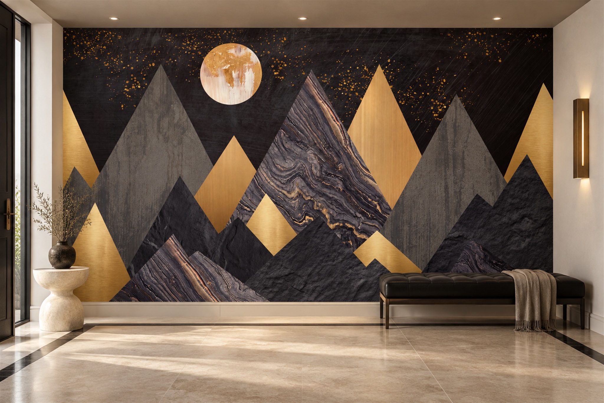 Gold Mountain Scenic Layered Wallpaper Mural Entryway-wallpaper-murals, Peel-and-stick Finish