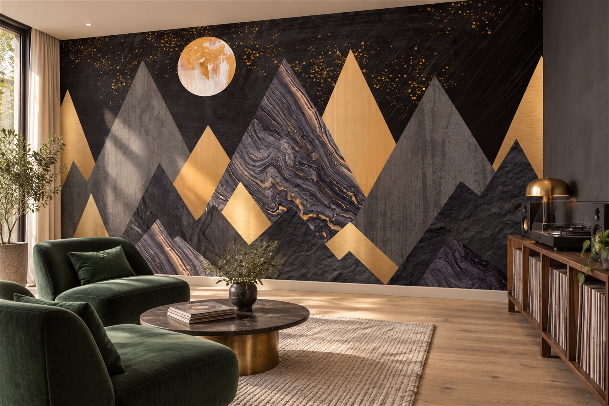 Gold Mountain Scenic Layered Wallpaper Mural Accent-wall-wallpaper-murals, Peel-and-stick Finish