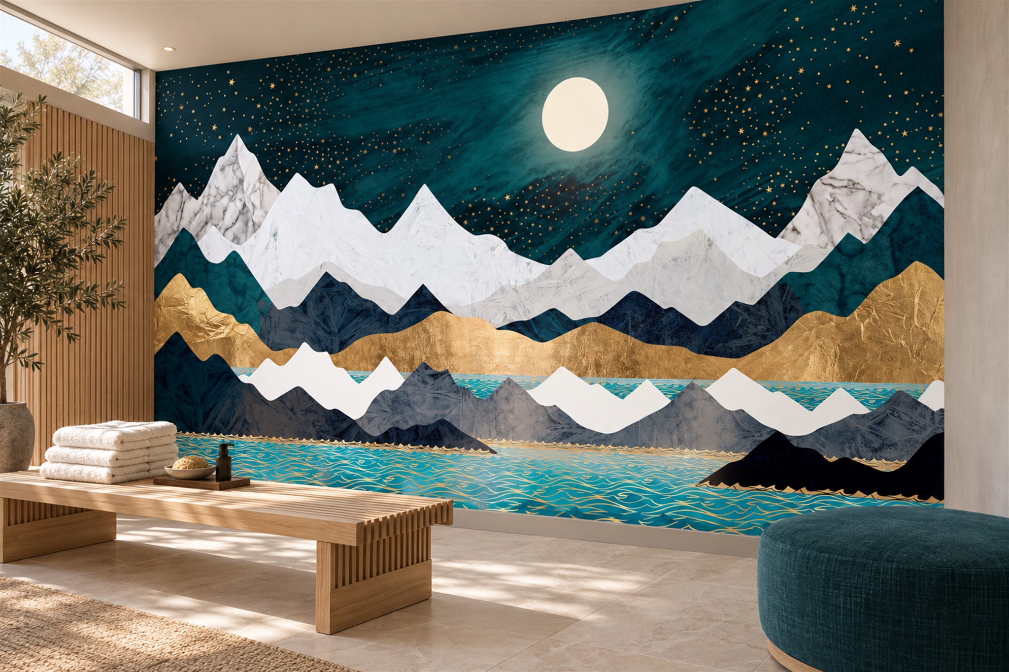 Teal Mountain Scenic Layered Wallpaper Mural Living-room-wallpaper-murals, Shown In A Living Room, Peel-and-stick Finish