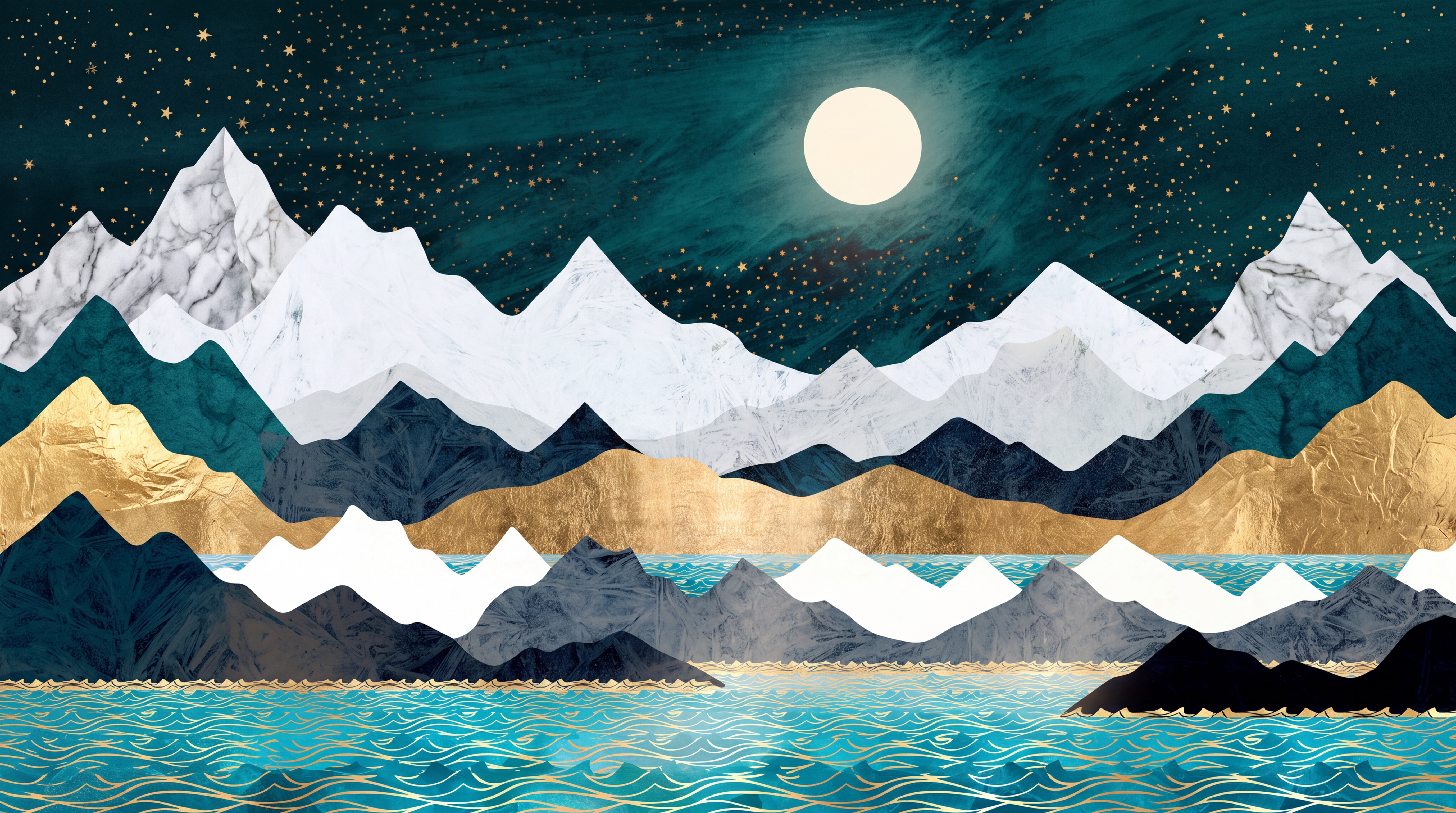Teal Mountain Scenic Layered Wallpaper Mural, Peel-and-stick Finish