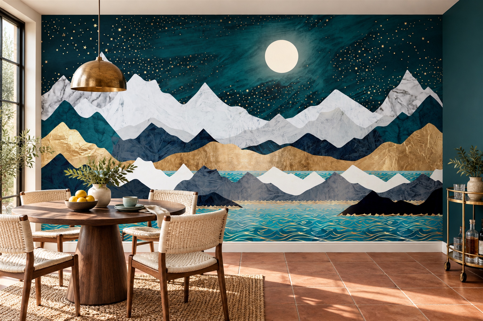 Teal And Gold Mountains Beneath A Starry Moon Wallpaper Mural — Wallpaper Mural Design, Peel-and-stick Finish