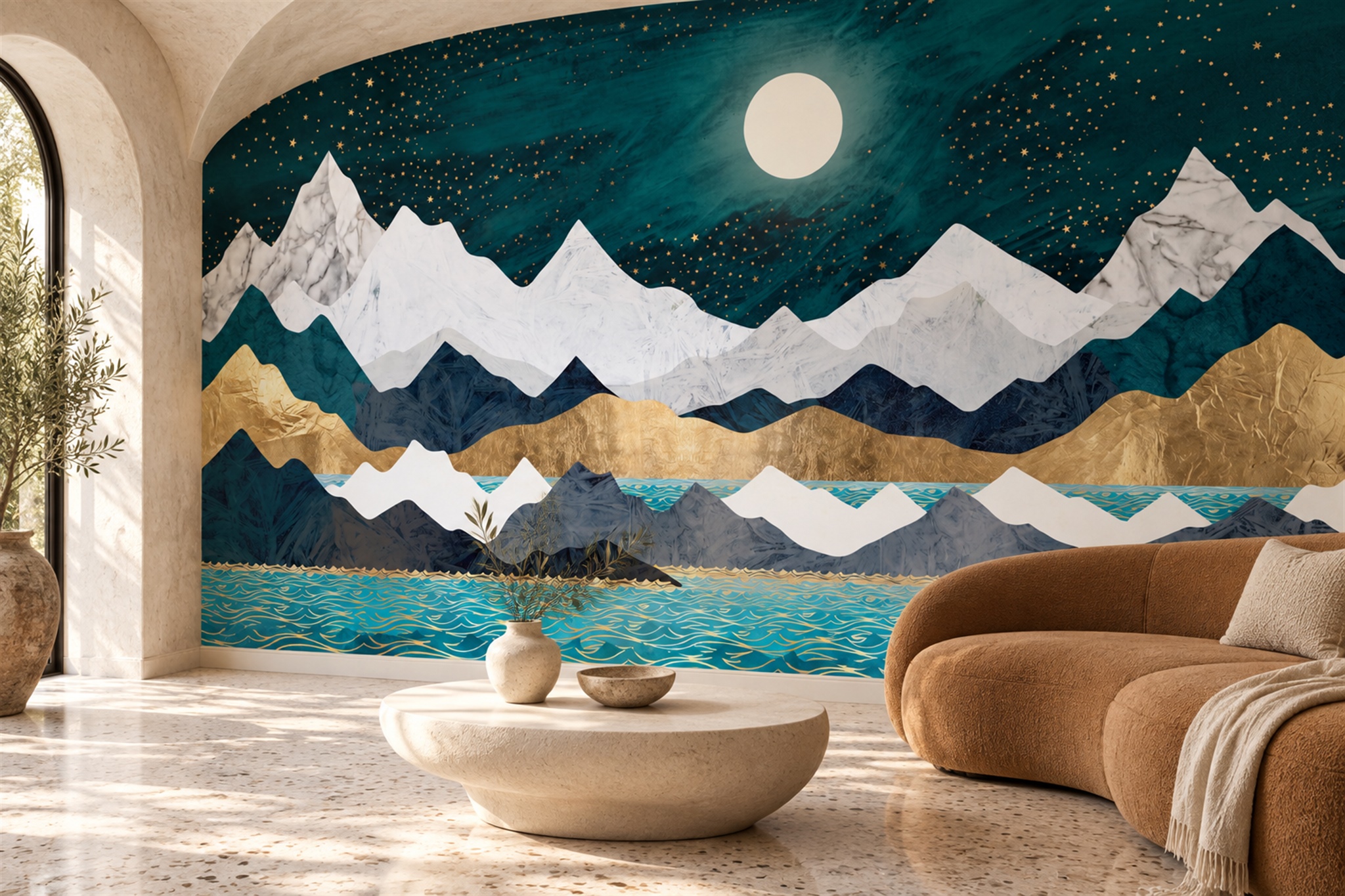 Teal Mountain Scenic Layered Wallpaper Mural Dining-room-wallpaper-murals, Peel-and-stick Finish