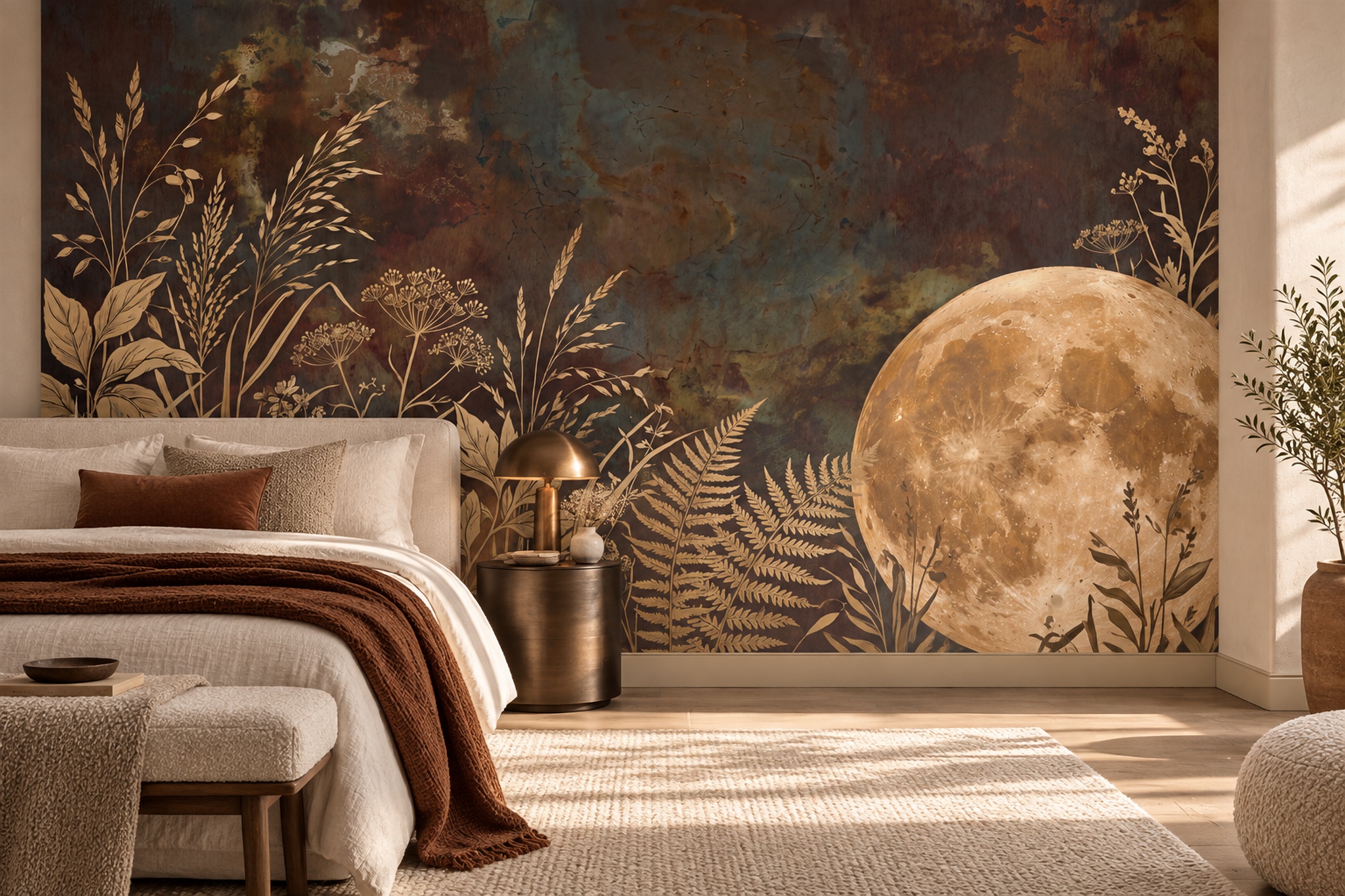 Moonlit Botanical Woodland Wallpaper Mural — Installed Wallpaper Mural In A Bedroom, Peel-and-stick Finish
