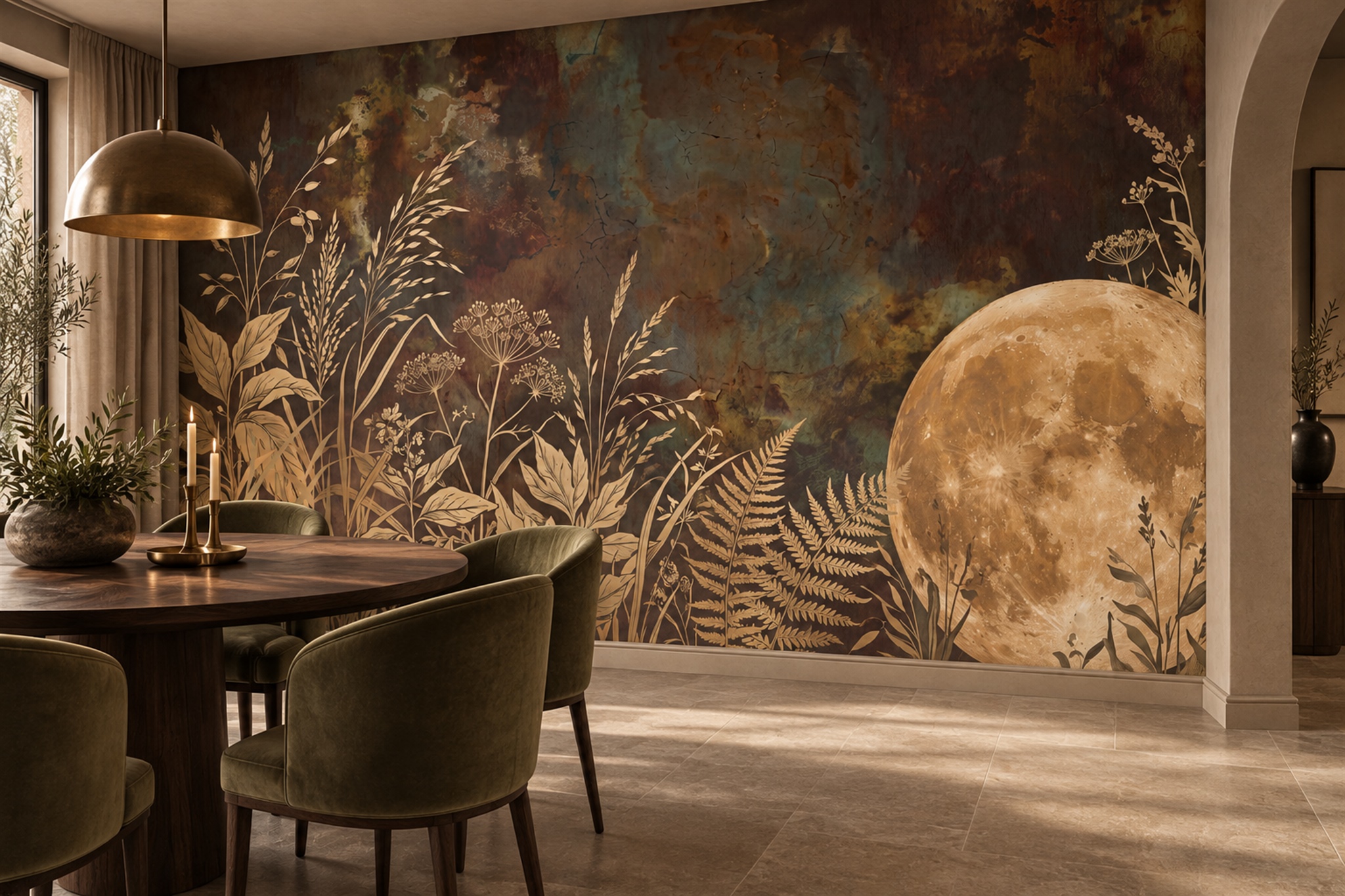 Gold Botanical Botanical Vintage Wallpaper Mural Dining-room-wallpaper-murals, Shown In A Dining Room, Peel-and-stick Finish