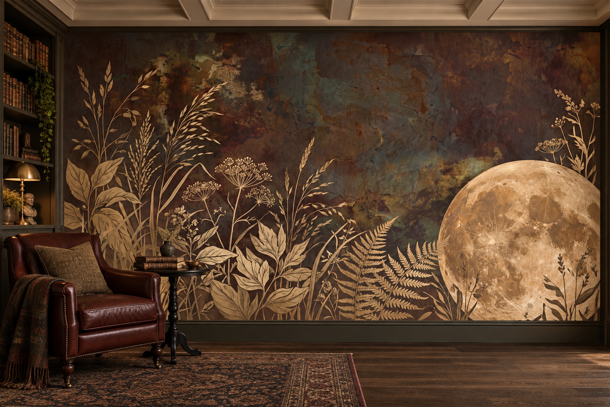 Gold Botanical Botanical Vintage Wallpaper Mural Home-office-wallpaper-murals, Shown In A Home Office, Peel-and-stick Finish