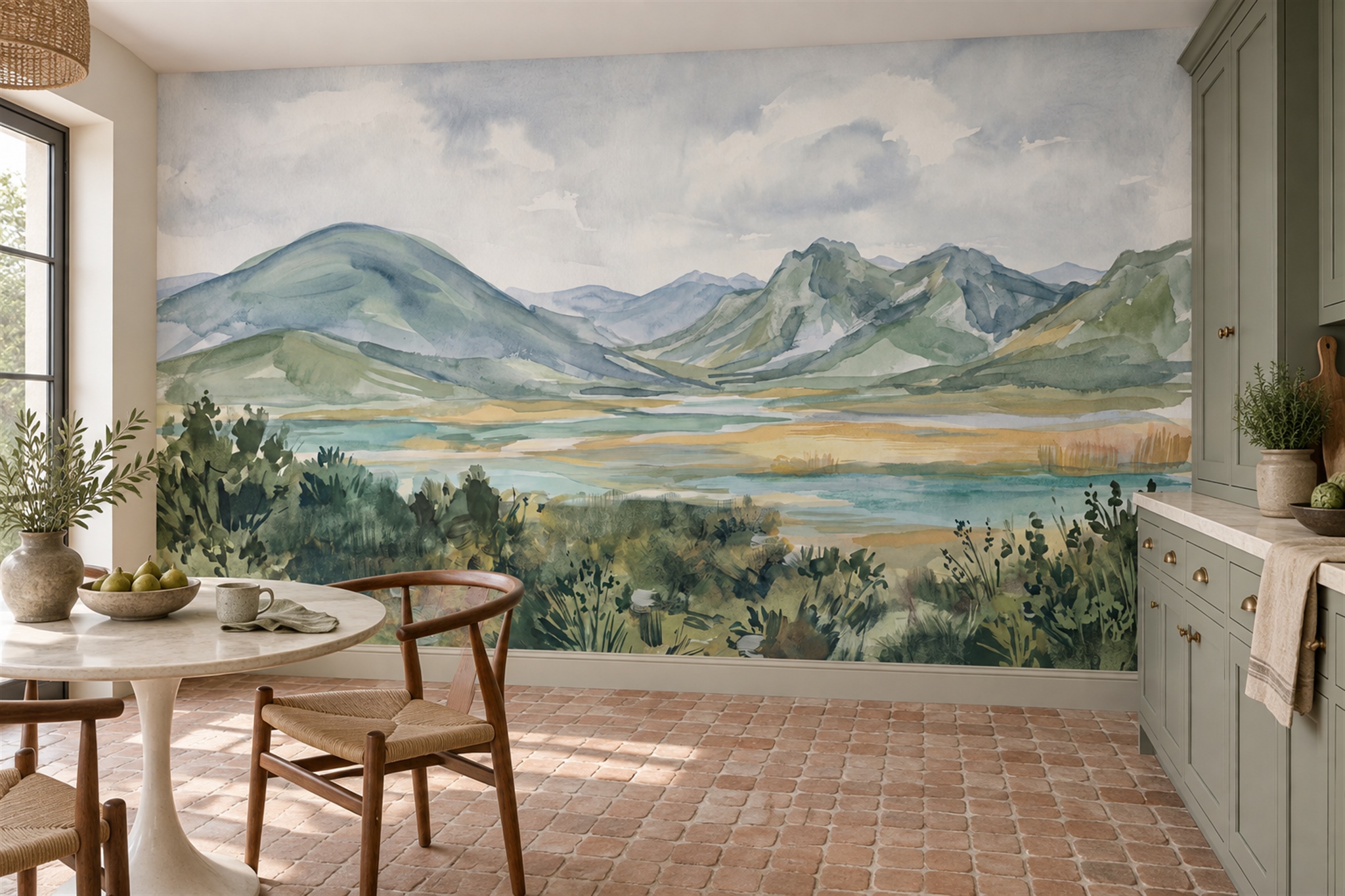 Green Watercolour Mountain Lake And Valley Wallpaper Mural — Wallpaper Mural Design, Peel-and-stick Finish