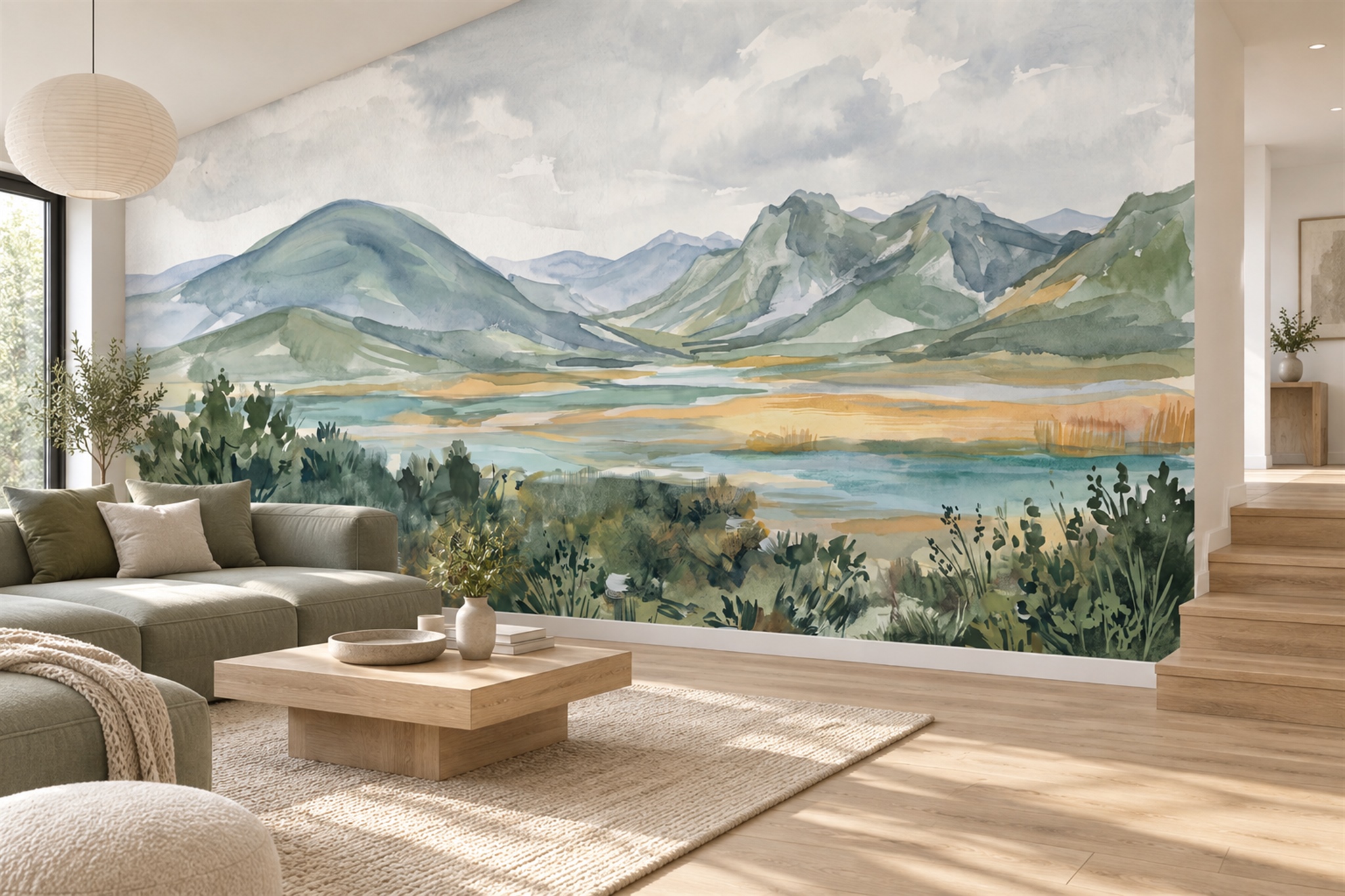 Green Mountain Scenic Decorative Wallpaper Mural Living-room-wallpaper-murals, Shown In A Living Room, Peel-and-stick Finish