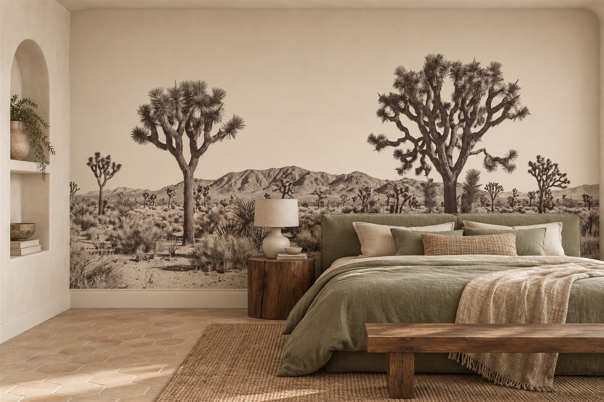 Beige Desert Landscape Wallpaper Mural, Shown In A Bedroom, Peel-and-stick Finish