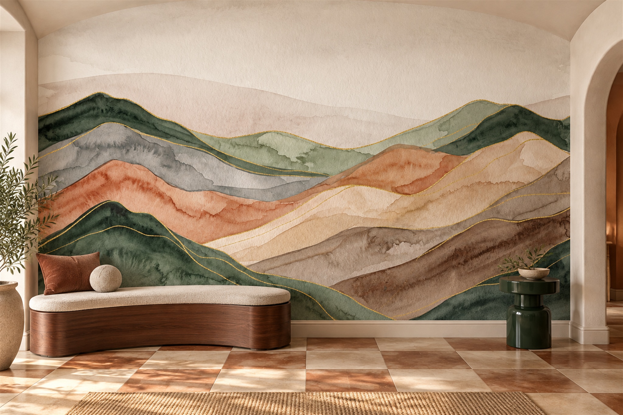 Gold-outlined Earth-tone Layered Hills Wallpaper Mural — Installed Wallpaper Mural In A Entryway, Peel-and-stick Finish
