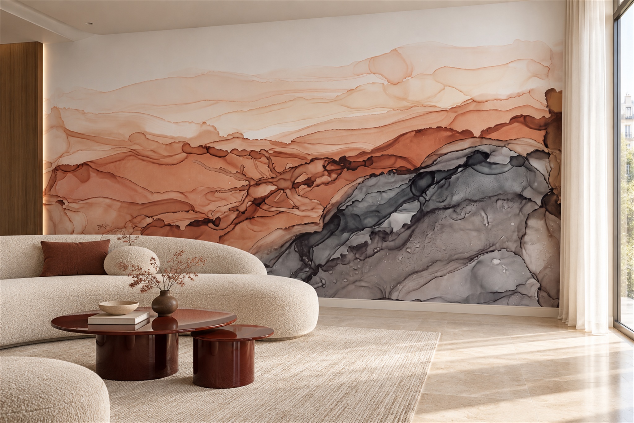 Peach Grey And Cream Layered Marble Wallpaper Mural — Wallpaper Mural Design, Peel-and-stick Finish