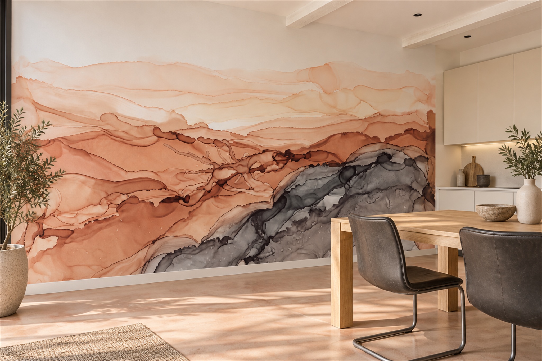 Peach Marble Decorative Wallpaper Mural Dining-room-wallpaper-murals, Shown In A Dining Room, Peel-and-stick Finish