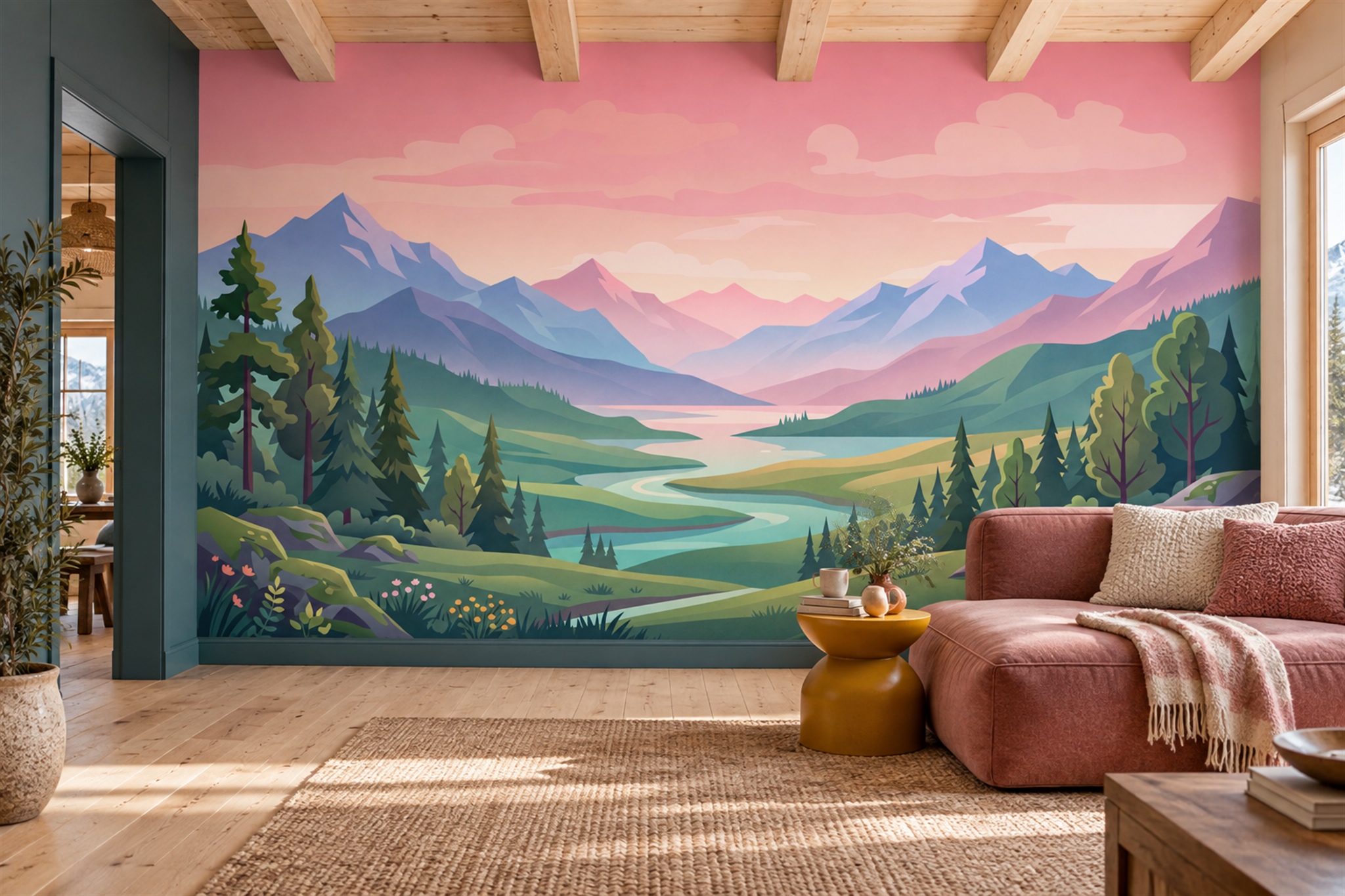 Pink Valley Scenic Wallpaper Mural Living-room-wallpaper-murals, Shown In A Living Room, Peel-and-stick Finish