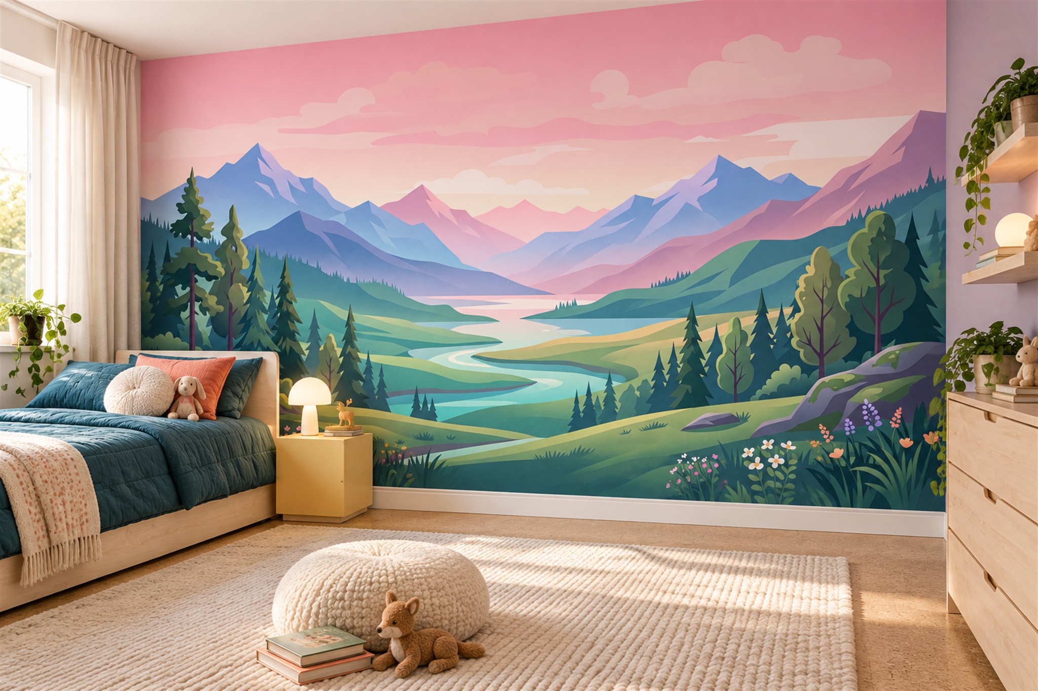 Pink Sunset Mountain Valley With Forest And River Wallpaper Mural — Wallpaper Mural Design, Peel-and-stick Finish