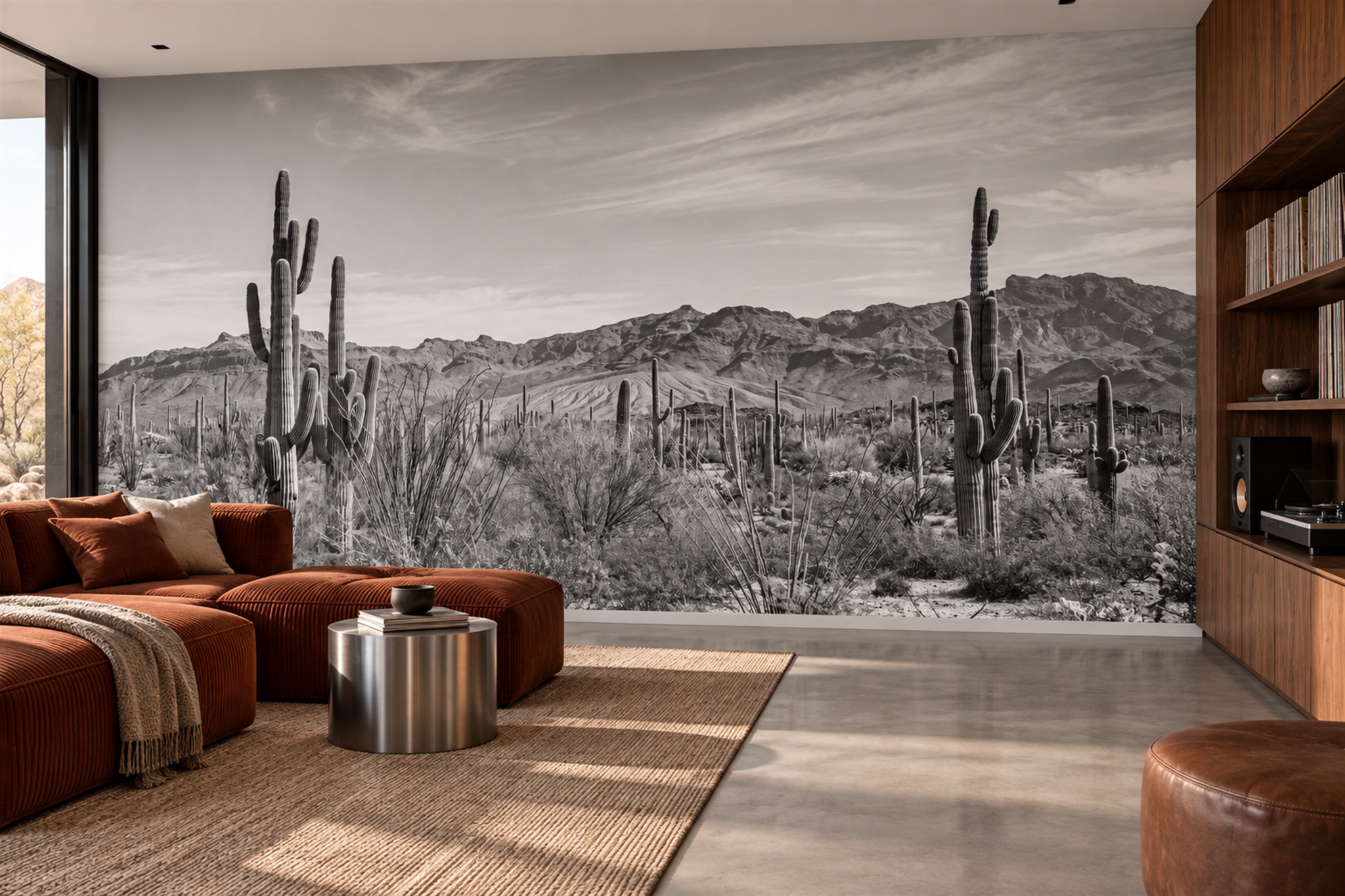 Grey Cactus Artful Wallpaper Mural Accent-wall-wallpaper-murals, Peel-and-stick Finish