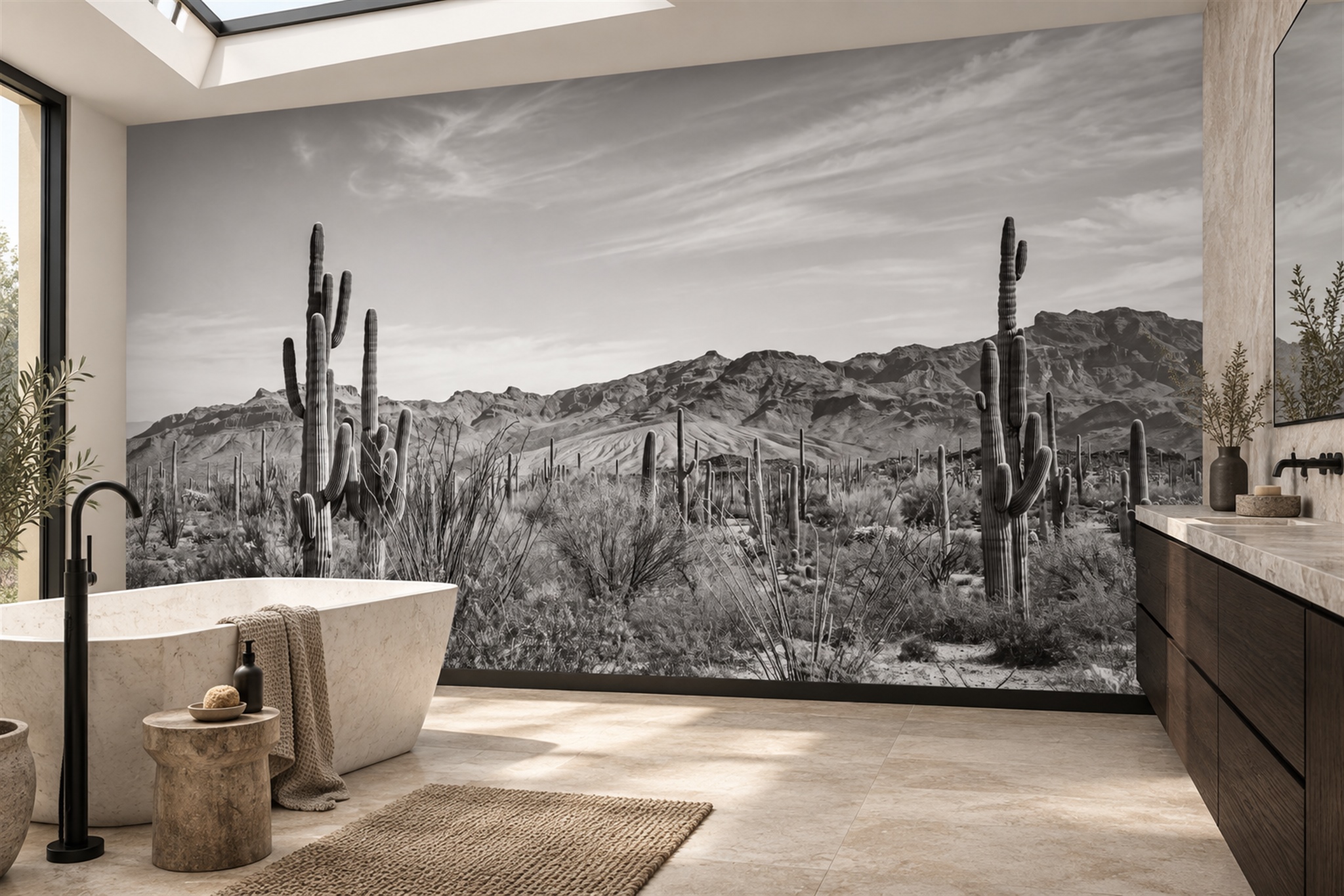 Grey Cactus Artful Wallpaper Mural Bathroom-wallpaper-murals, Peel-and-stick Finish