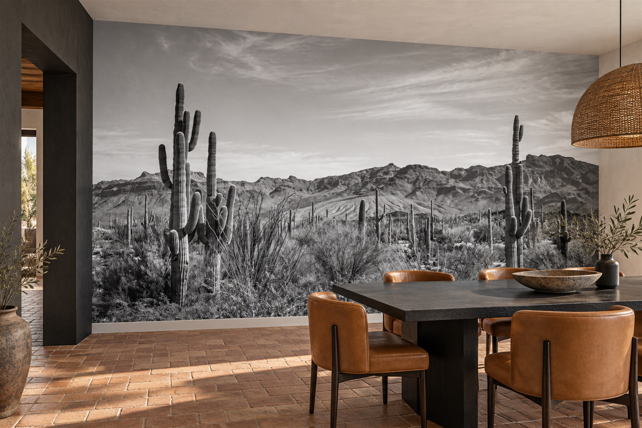 Grey Cactus Artful Wallpaper Mural Bathroom-wallpaper-murals, Peel-and-stick Finish
