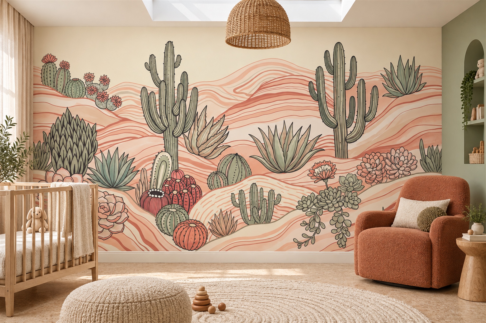 Peach Cactus Artful Abstract Wallpaper Mural Nursery-wallpaper-murals, Peel-and-stick Finish
