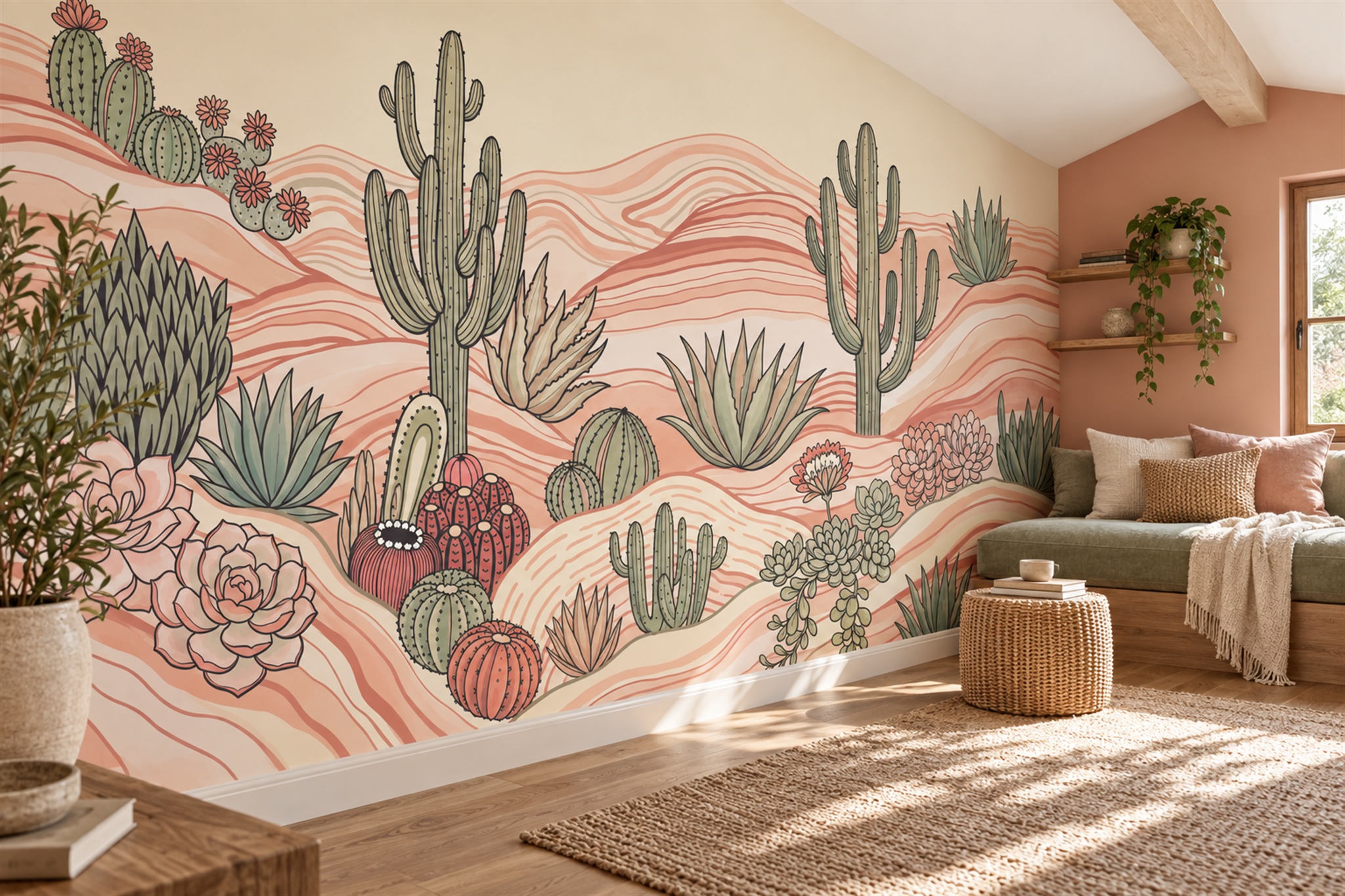 Peach Cactus Artful Abstract Wallpaper Mural Home-office-wallpaper-murals, Shown In A Home Office, Peel-and-stick Finish