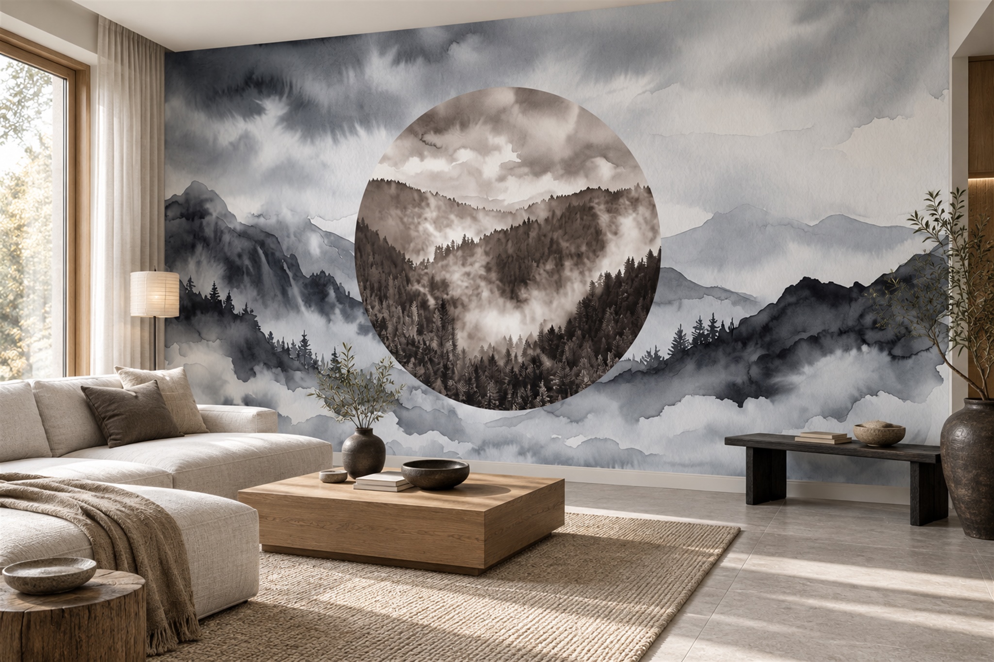 Grey Mountain Scenic Painterly Wallpaper Mural Living-room-wallpaper-murals, Shown In A Living Room, Peel-and-stick Finish