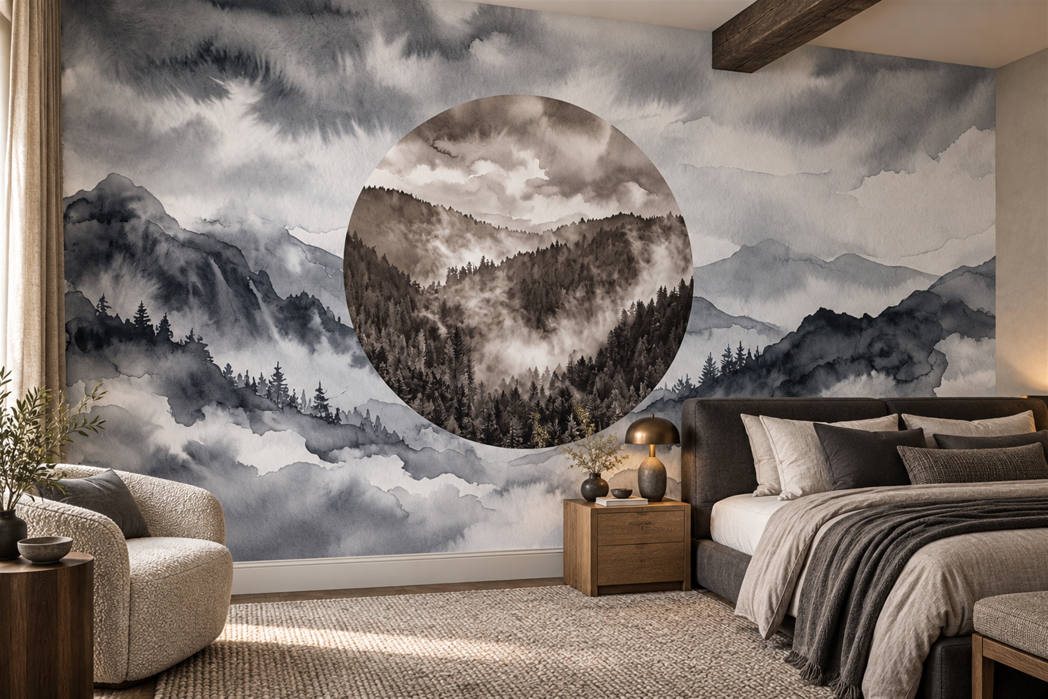 Misty Forest Mountain Watercolour With Circular Woodland Vignette Wallpaper Mural — Installed Wallpaper Mural In A Bedroom, Peel-and-stick Finish