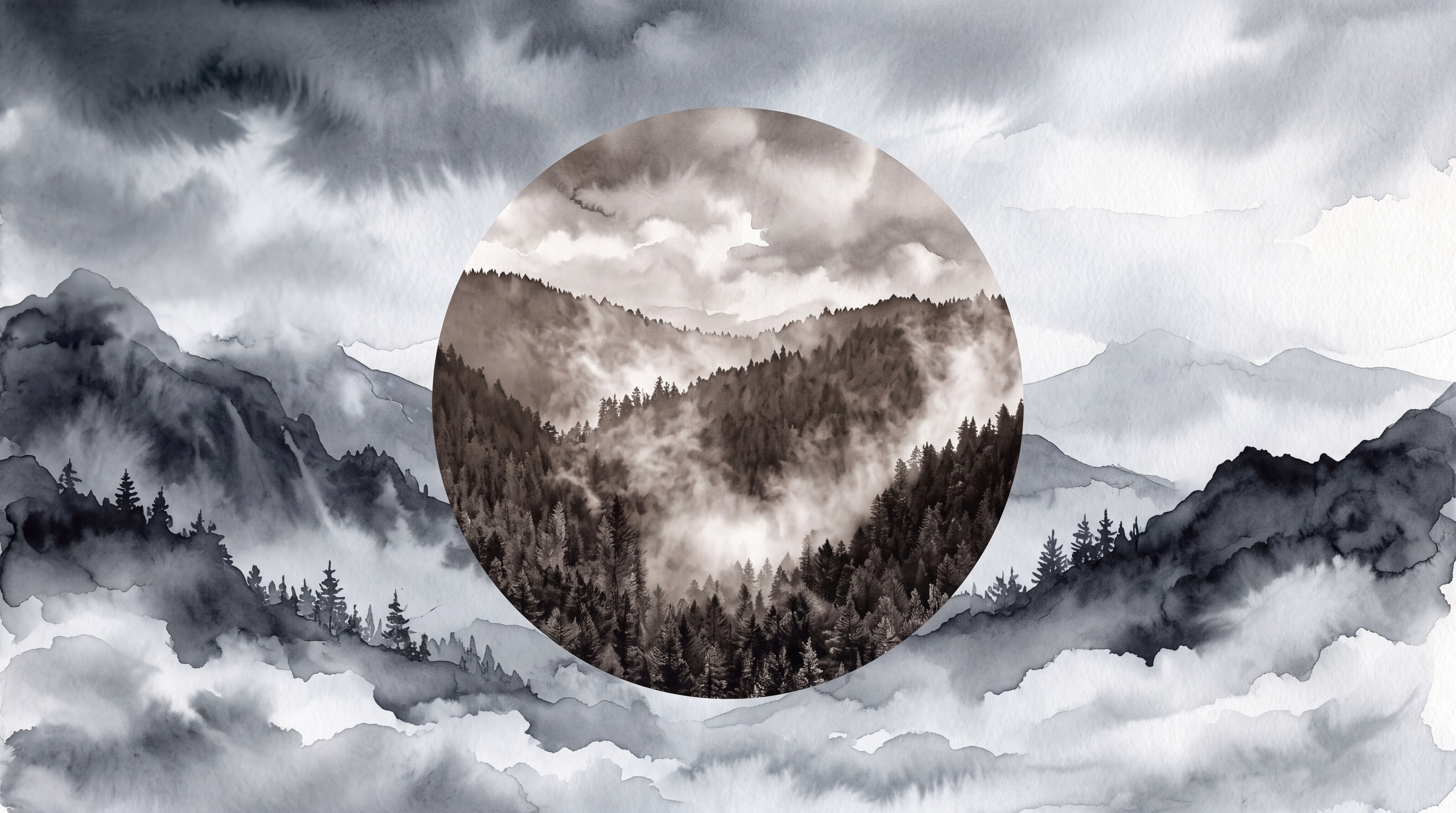 Grey Mountain Scenic Painterly Wallpaper Mural, Peel-and-stick Finish