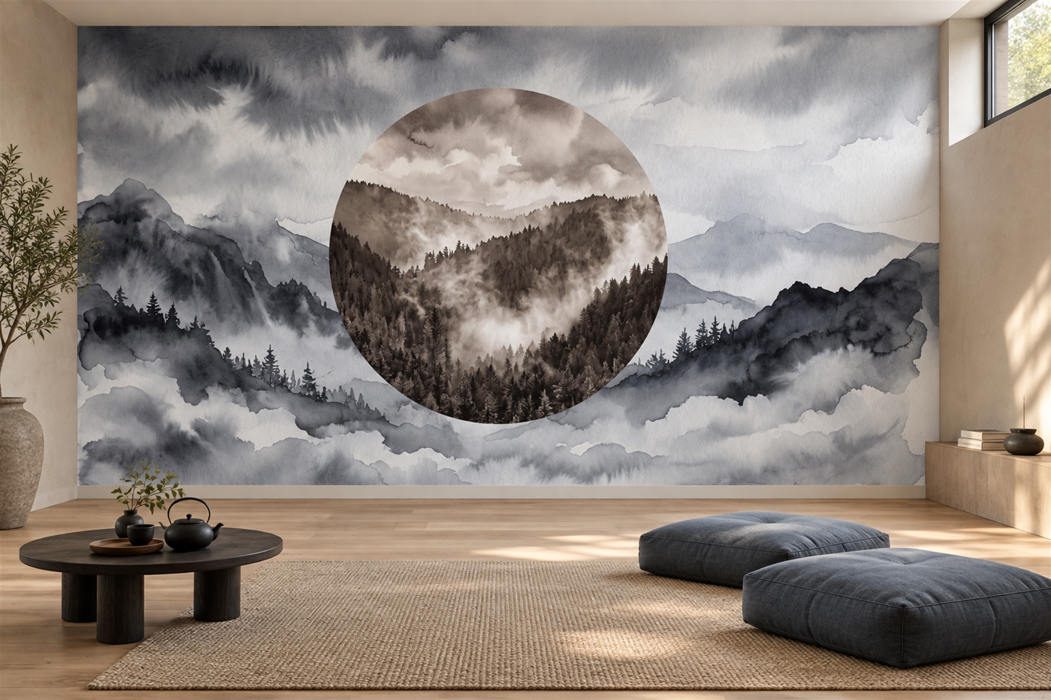 Grey Mountain Scenic Painterly Wallpaper Mural Bedroom-wallpaper-murals, Peel-and-stick Finish