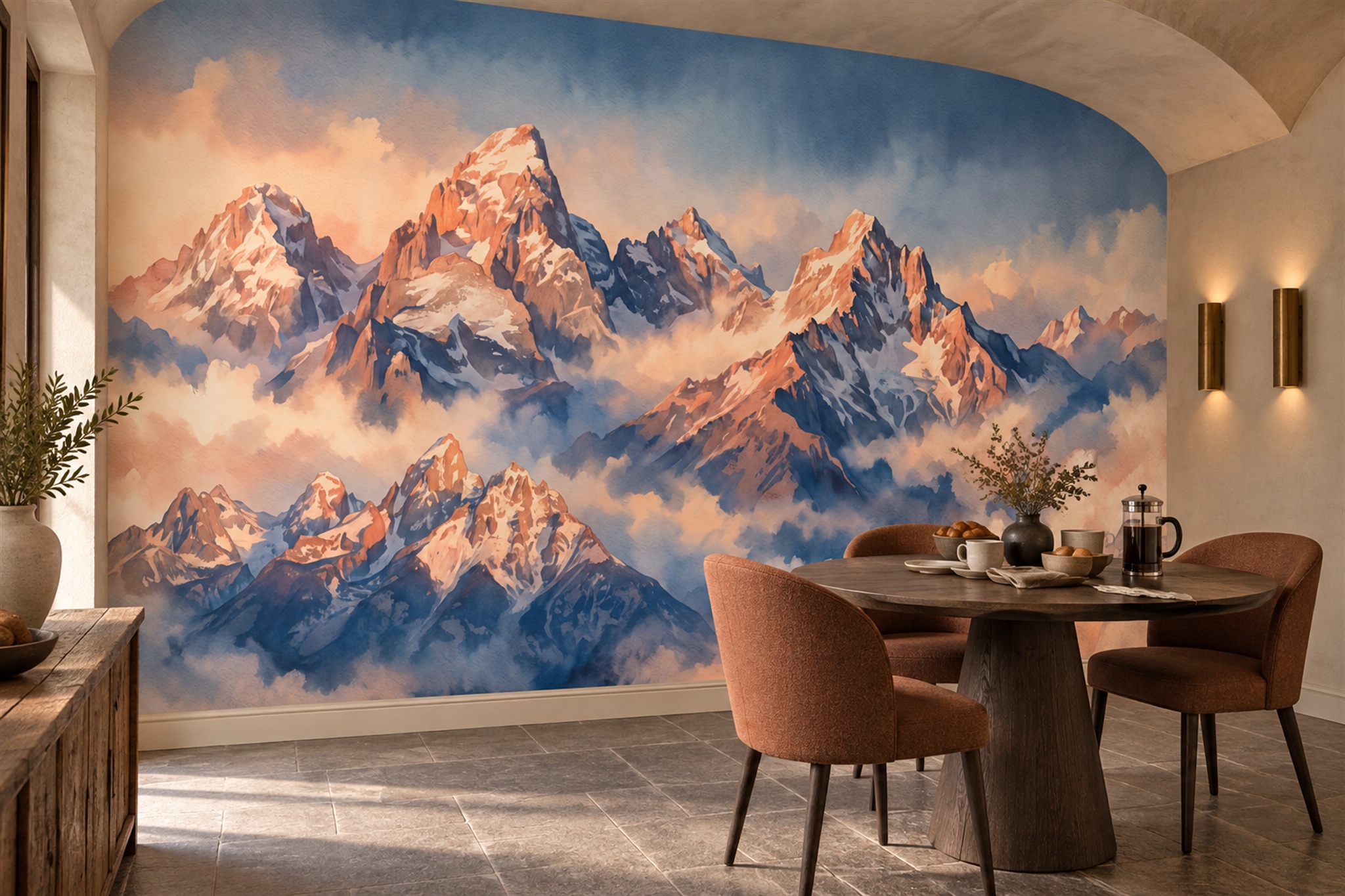 Gold Mountain Scenic Painterly Wallpaper Mural Dining-room-wallpaper-murals, Shown In A Dining Room, Peel-and-stick Finish