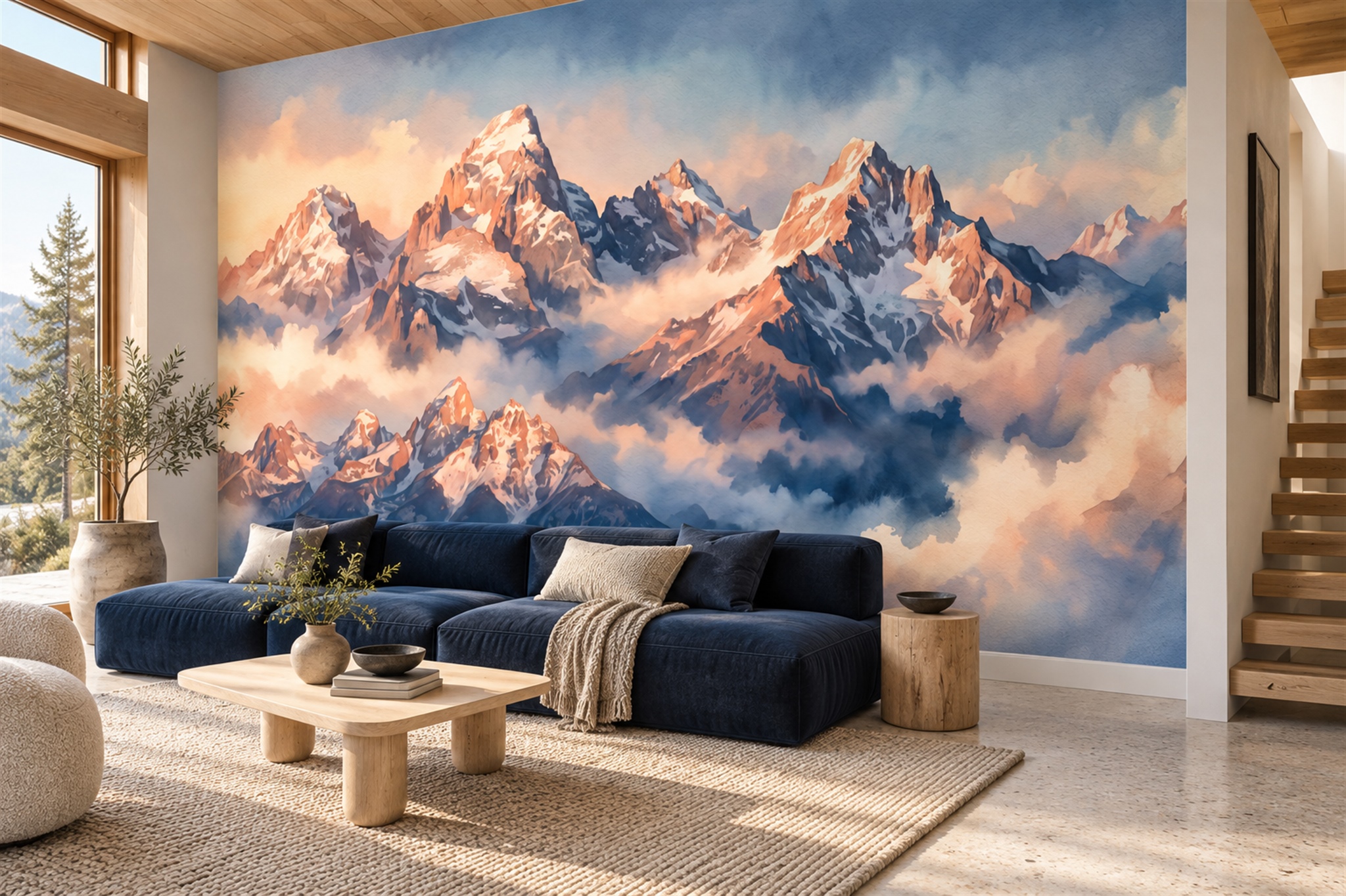 Gold Mountain Scenic Painterly Wallpaper Mural Accent-wall-wallpaper-murals, Peel-and-stick Finish