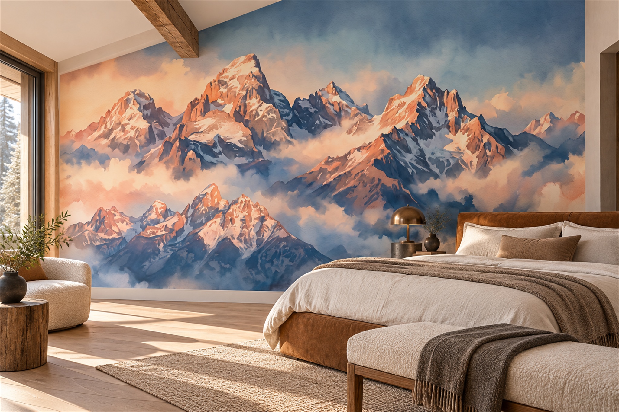Gold Mountain Scenic Painterly Wallpaper Mural Accent-wall-wallpaper-murals, Peel-and-stick Finish