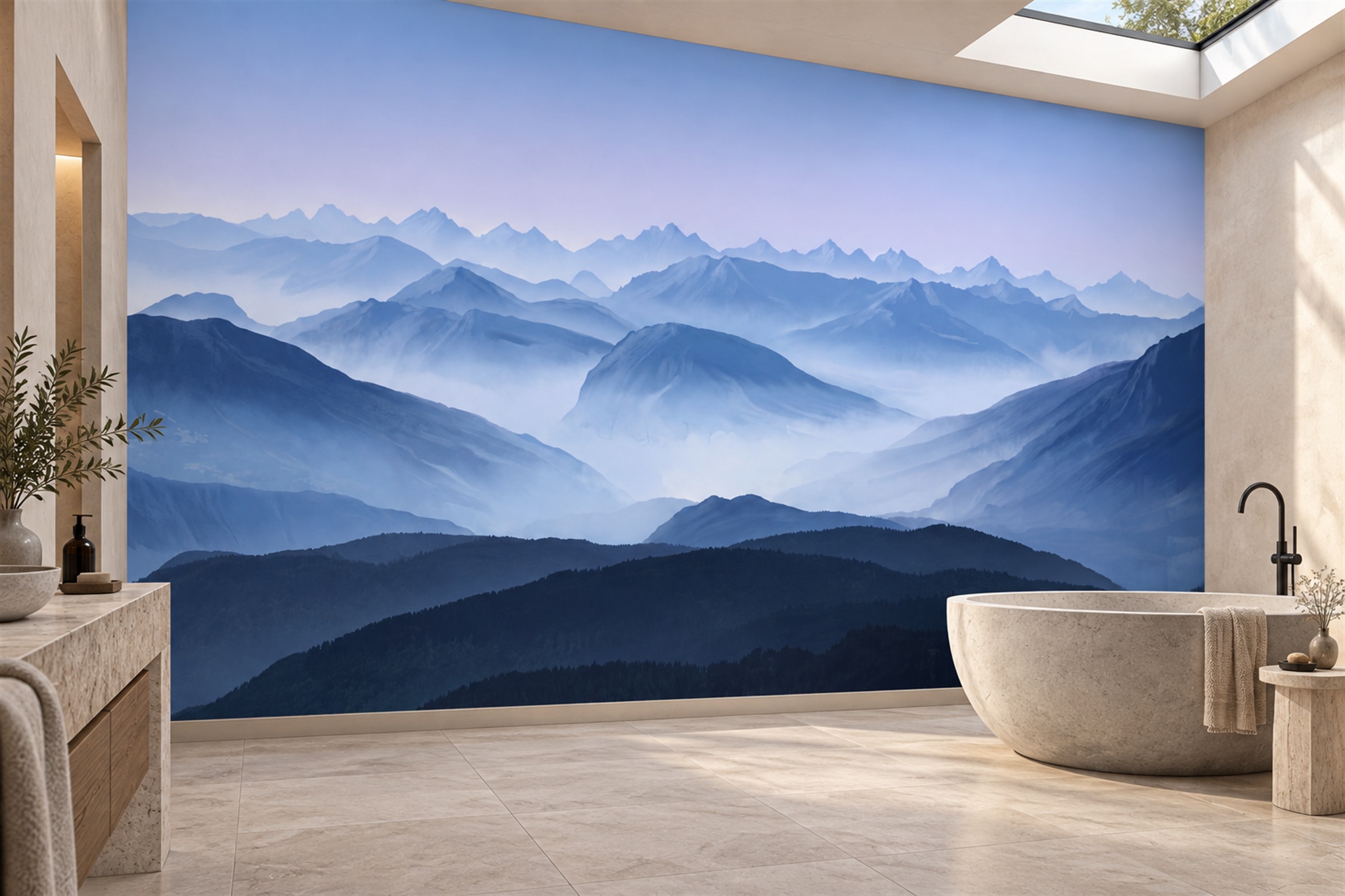 Blue Mountain Scenic Organic Wallpaper Mural Bathroom-wallpaper-murals, Peel-and-stick Finish