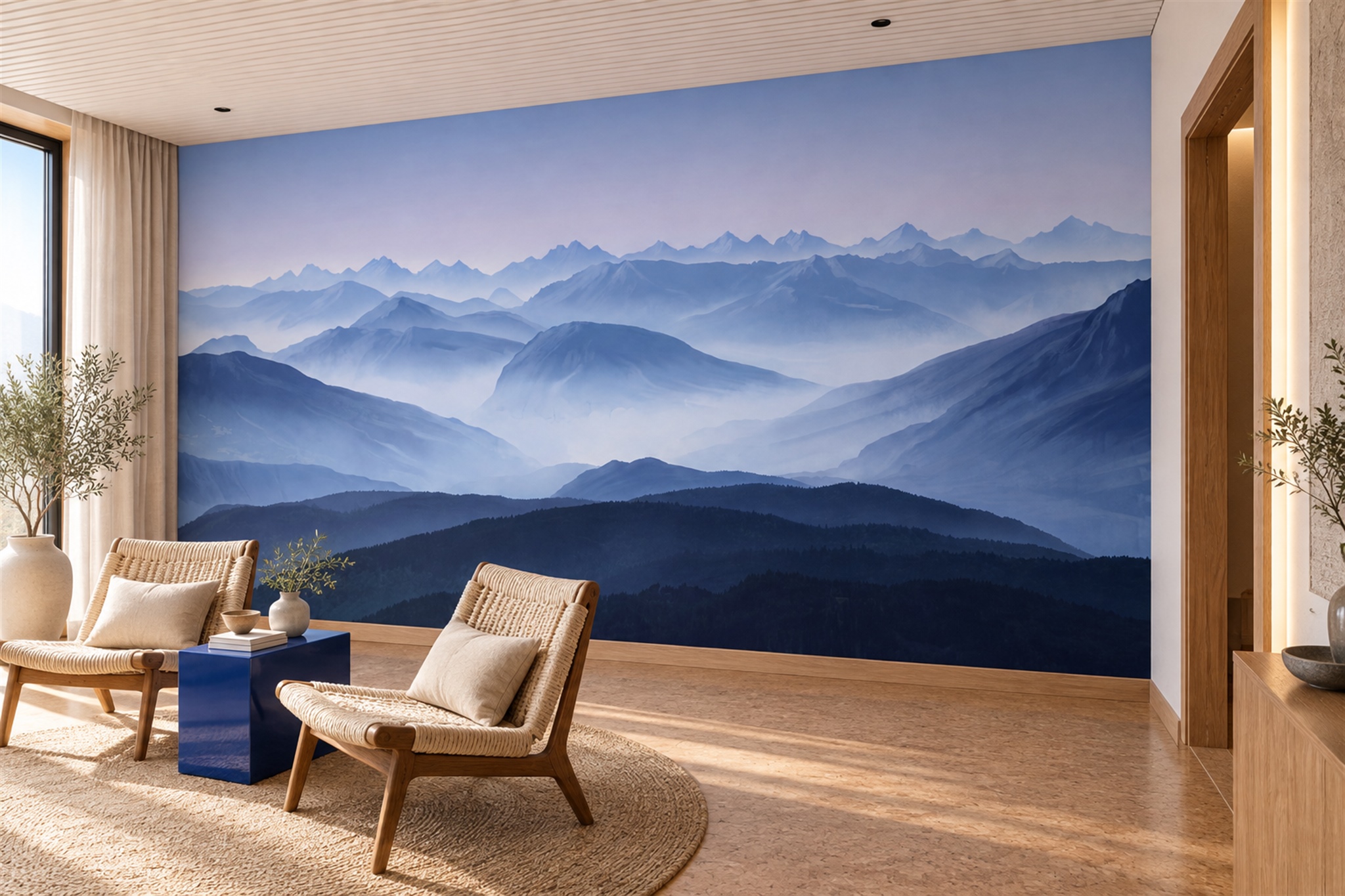 Blue Mountain Scenic Organic Wallpaper Mural Living-room-wallpaper-murals, Peel-and-stick Finish