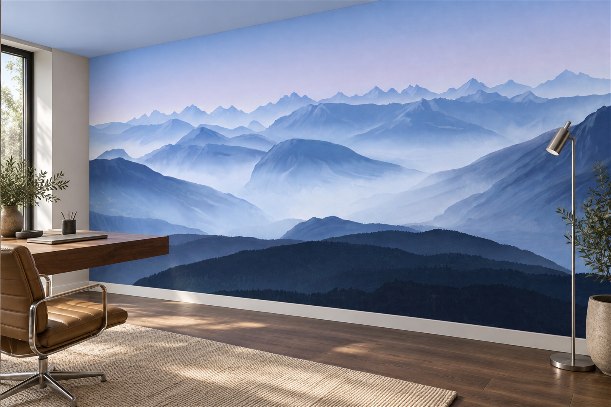 Blue Mountain Scenic Organic Wallpaper Mural Living-room-wallpaper-murals, Peel-and-stick Finish