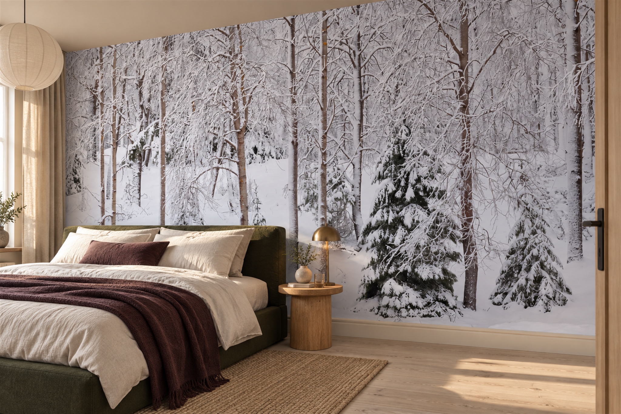 White Forest Scenic Wallpaper Mural Bedroom-wallpaper-murals, Peel-and-stick Finish