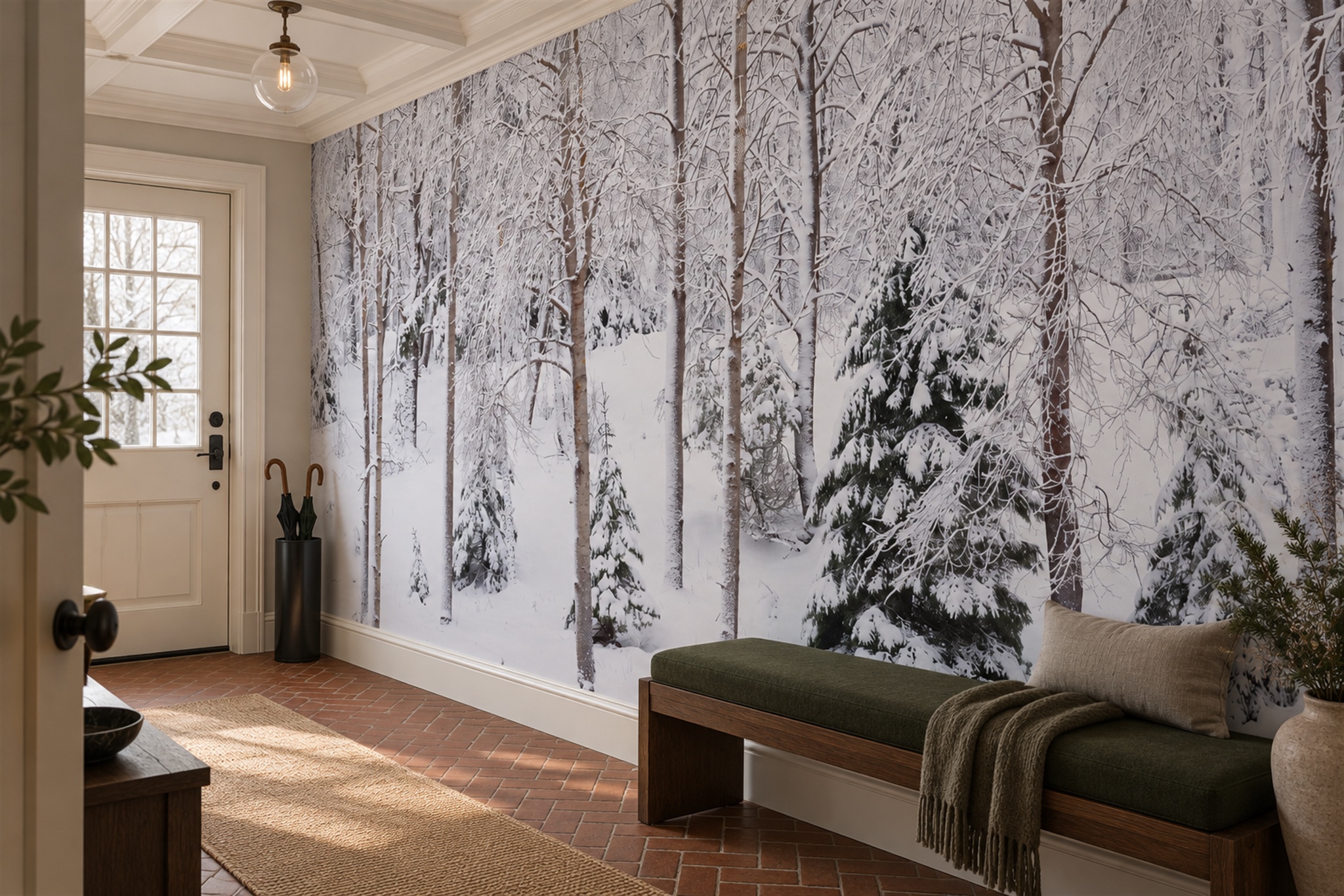 White Forest Scenic Wallpaper Mural Entryway-wallpaper-murals, Peel-and-stick Finish