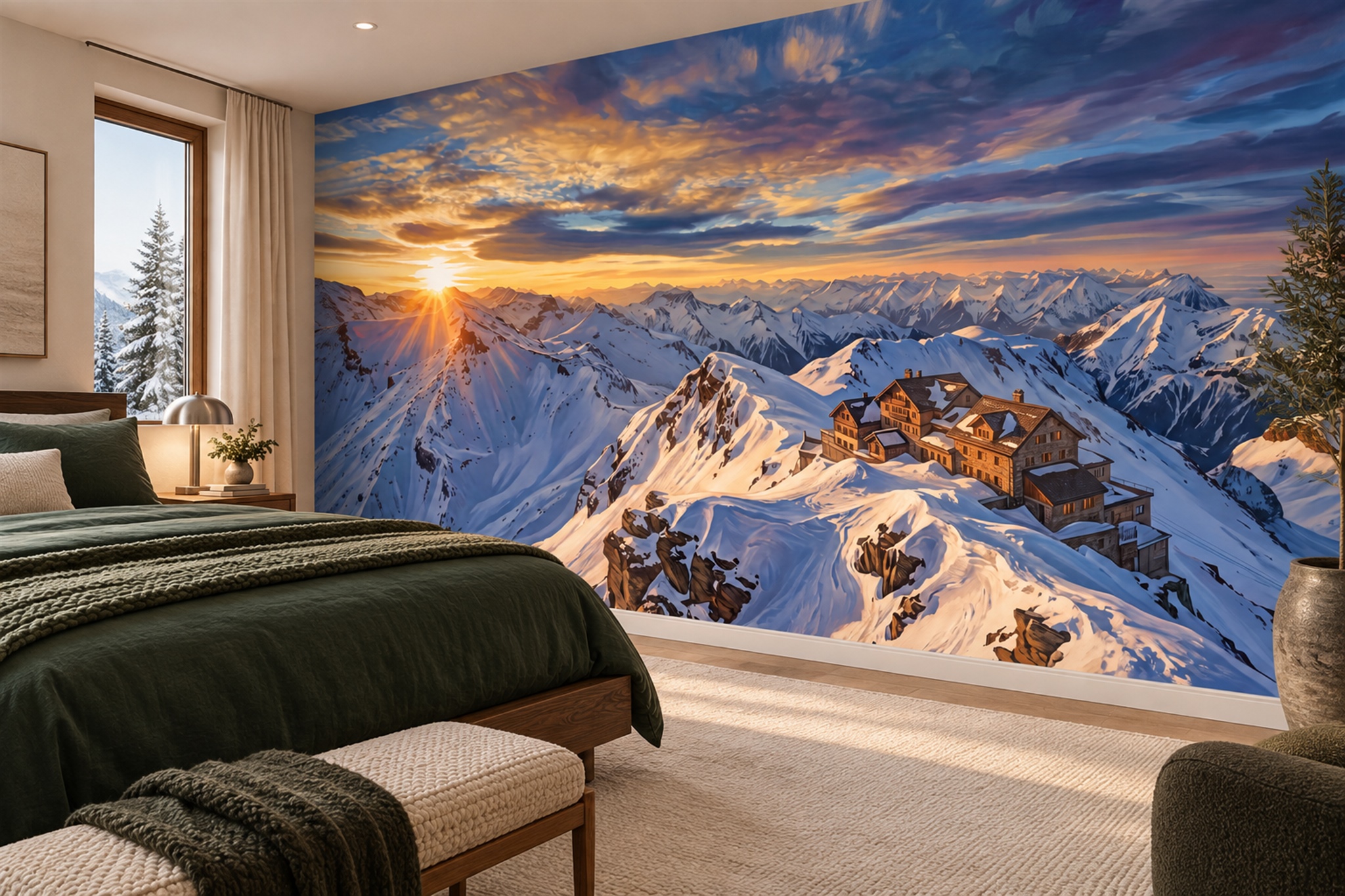 Sunset Alpine Village Snow Mountain Wallpaper Mural — Installed Wallpaper Mural In A Bedroom, Peel-and-stick Finish