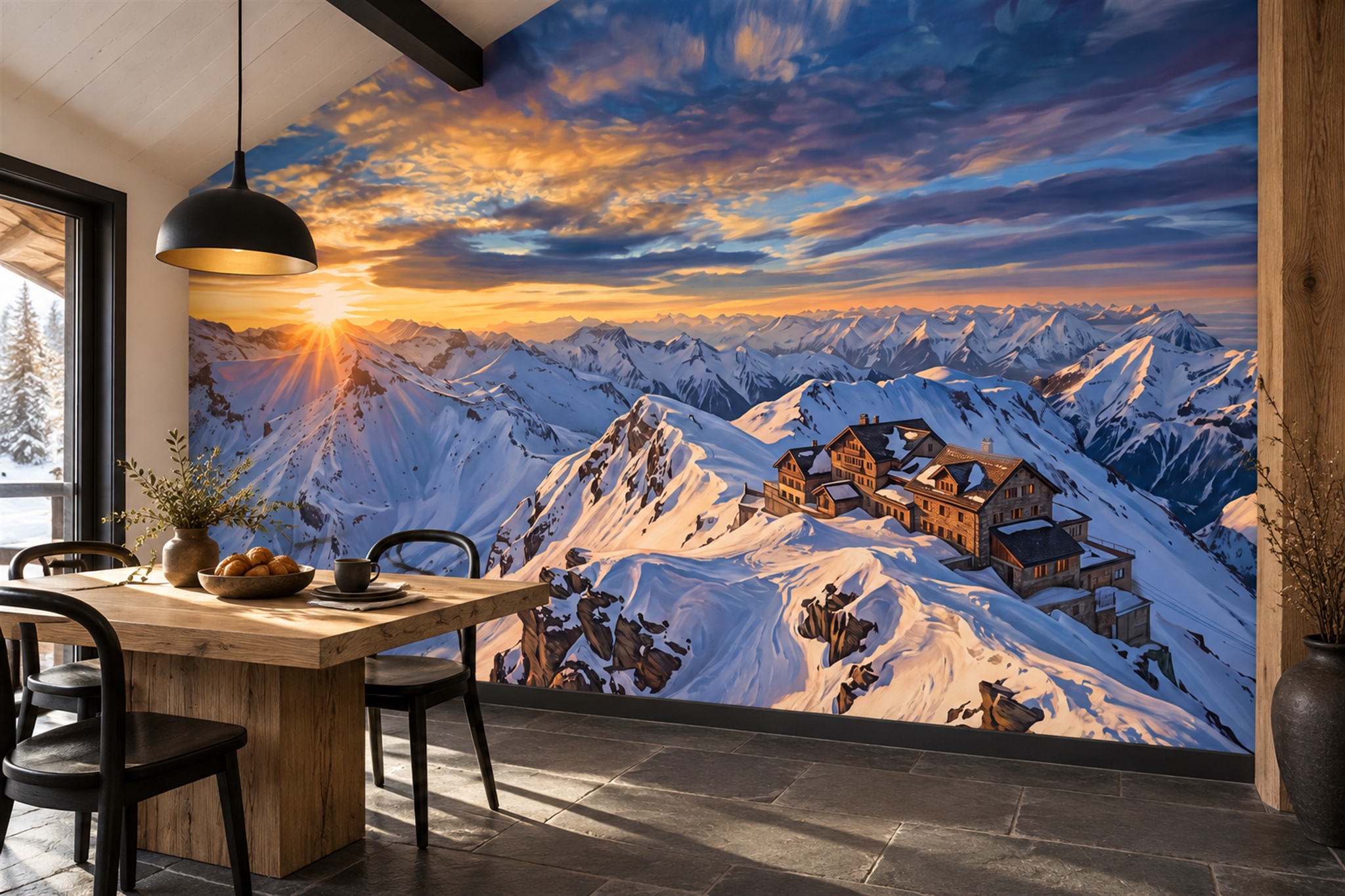 Blue Mountain Scenic Watercolour Wallpaper Mural Dining-room-wallpaper-murals, Shown In A Dining Room, Peel-and-stick Finish