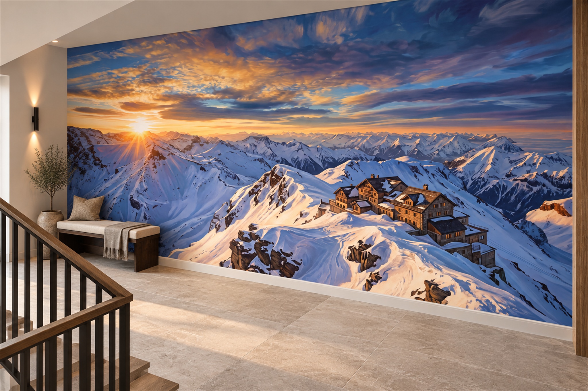 Blue Mountain Scenic Watercolour Wallpaper Mural Bedroom-wallpaper-murals, Peel-and-stick Finish