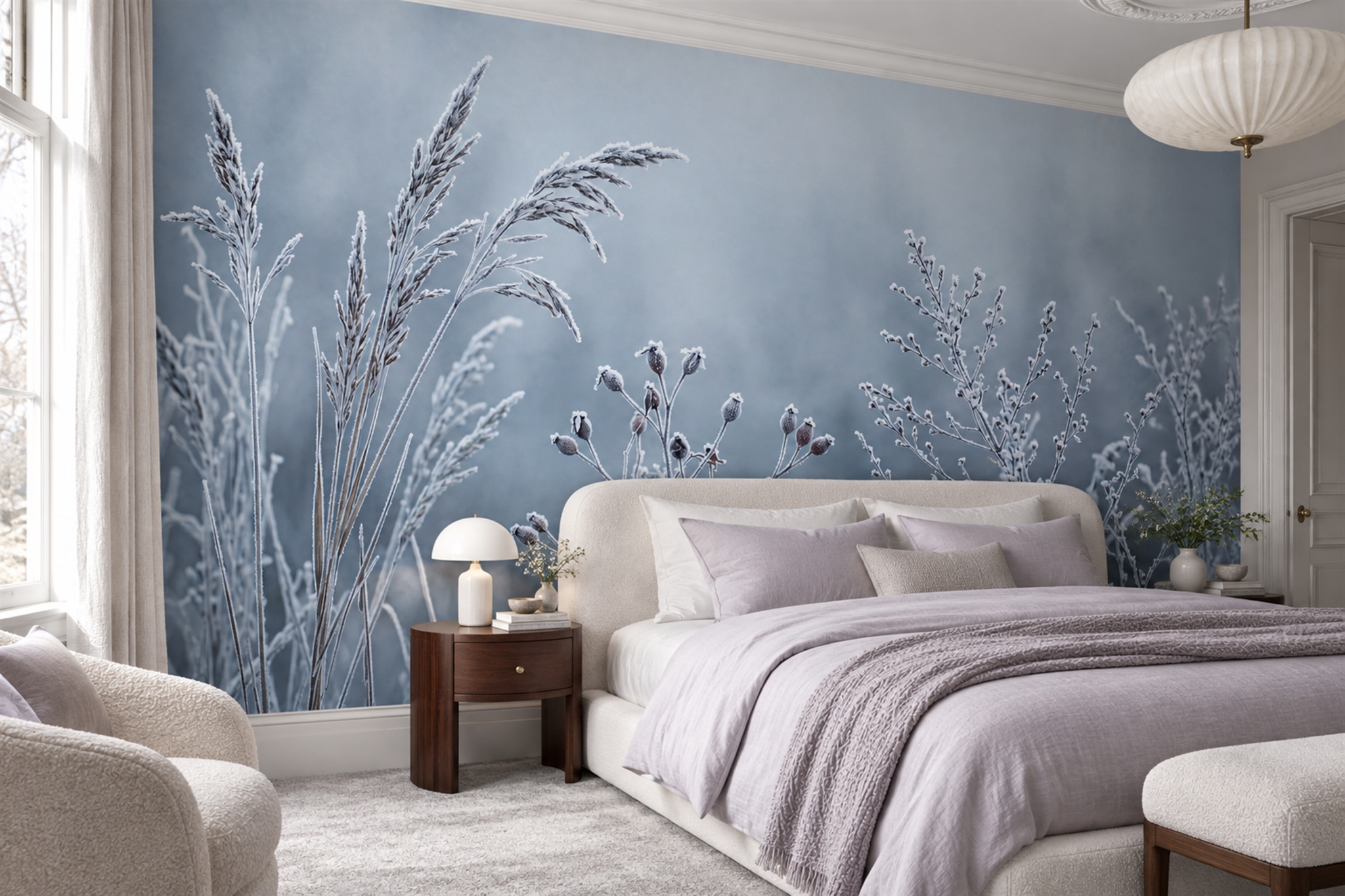 Blue Grasses Artful Wallpaper Mural Bedroom-wallpaper-murals, Peel-and-stick Finish