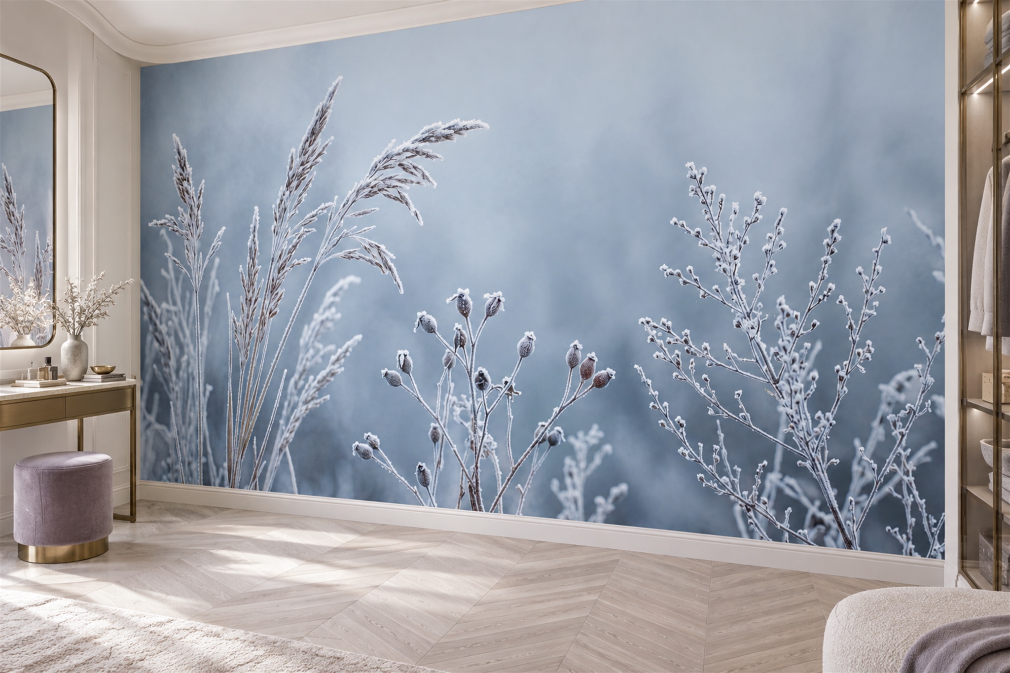 Blue Grasses Artful Wallpaper Mural Accent-wall-wallpaper-murals, Peel-and-stick Finish