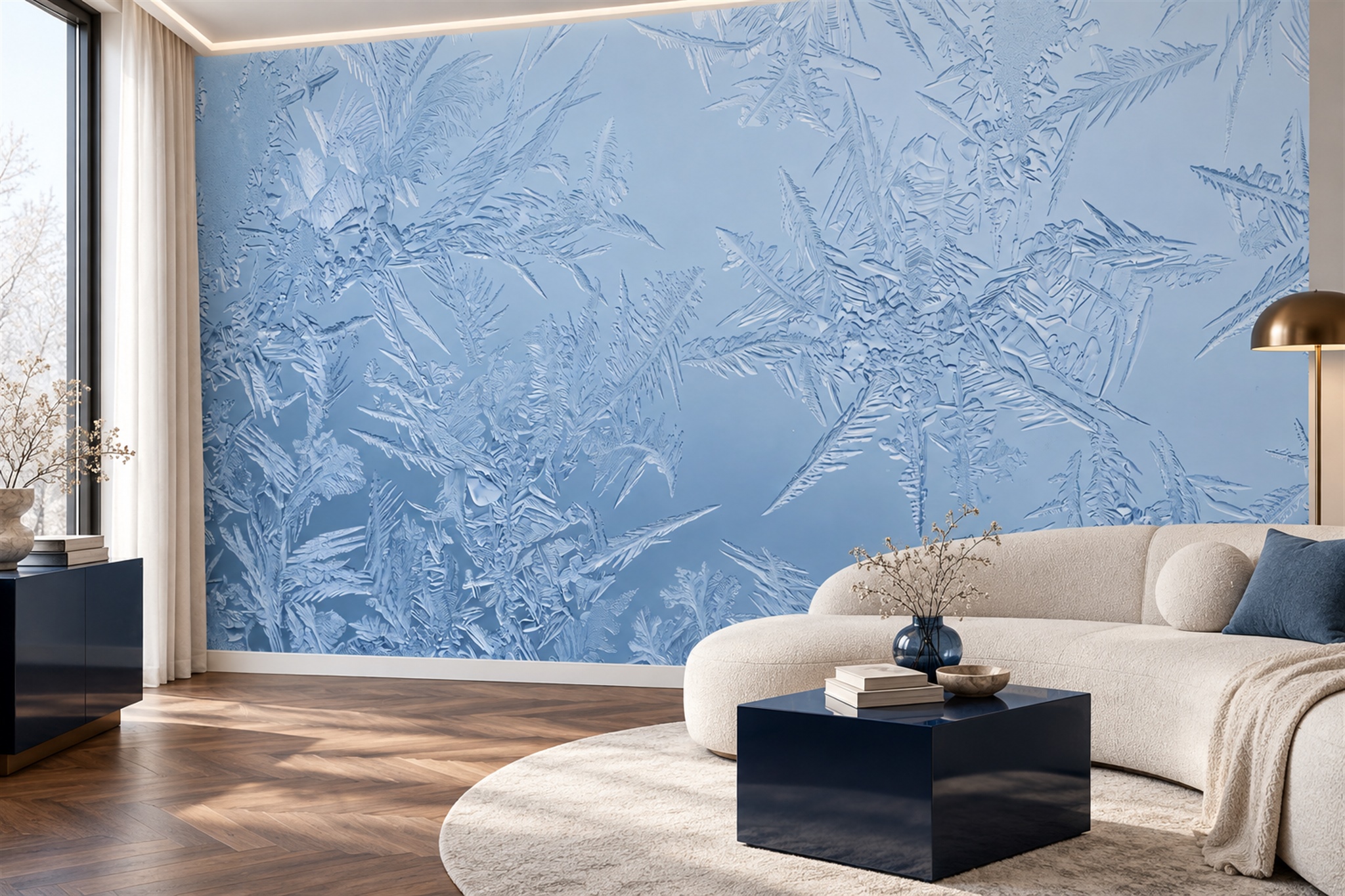 Blue Pattern Decorative Wallpaper Mural Layered Refined Wallpaper Mural Living-room-wallpaper-murals, Shown In A Living Room, Peel-and-stick Finish