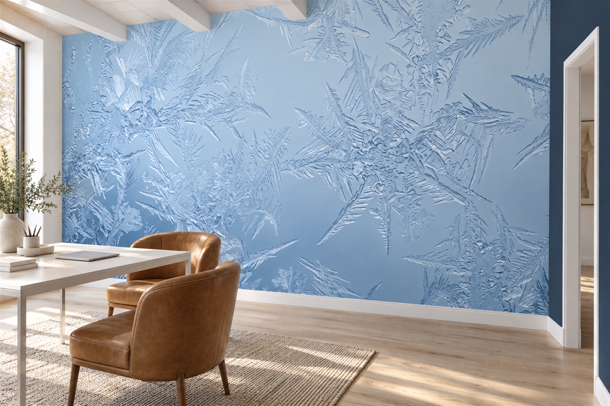 Blue Pattern Decorative Wallpaper Mural Layered Refined Wallpaper Mural Home-office-wallpaper-murals, Shown In A Home Office, Peel-and-stick Finish