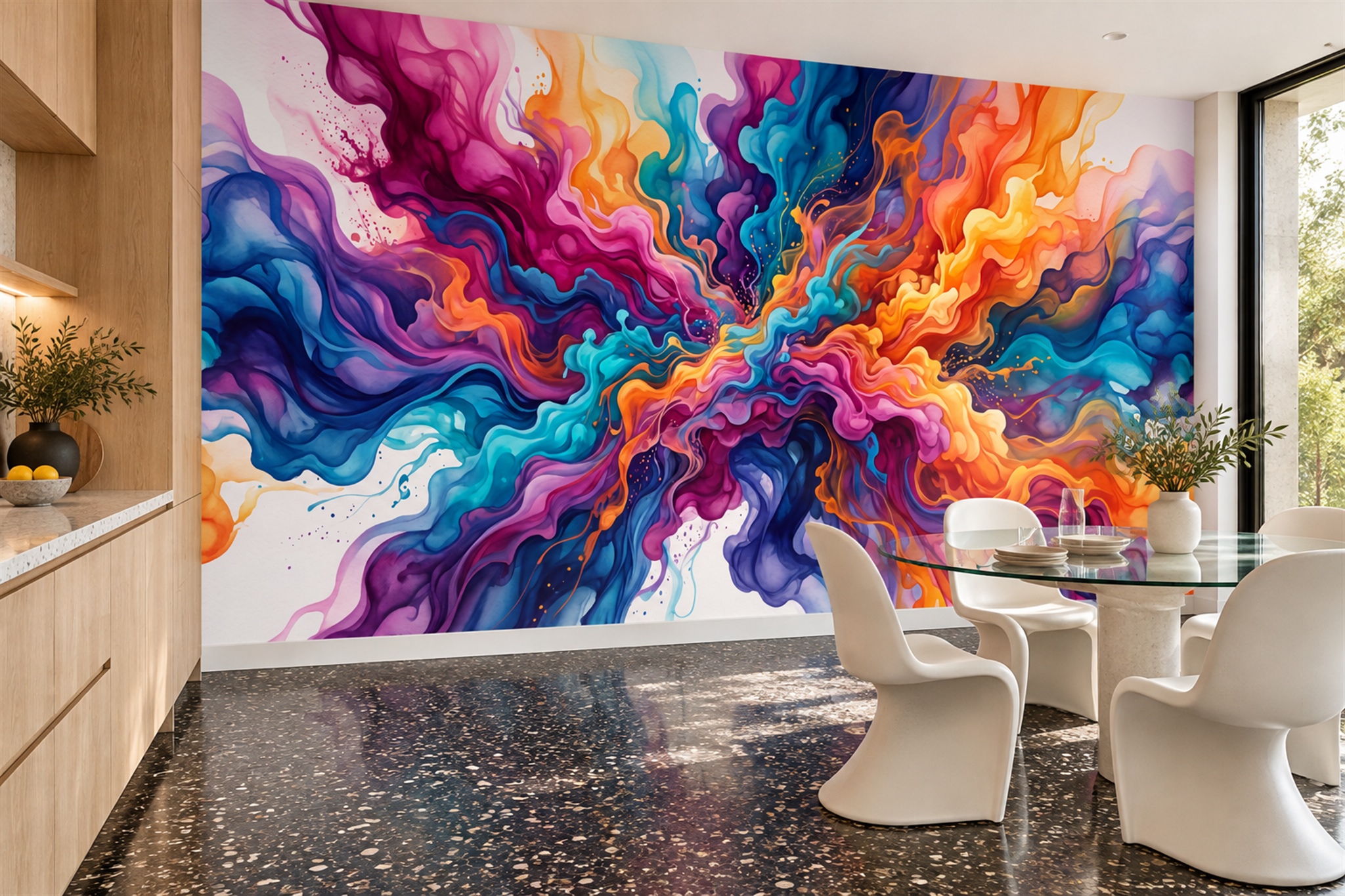Vivid Purple Orange And Teal Flowing Abstract Wallpaper Mural — Wallpaper Mural Design, Peel-and-stick Finish