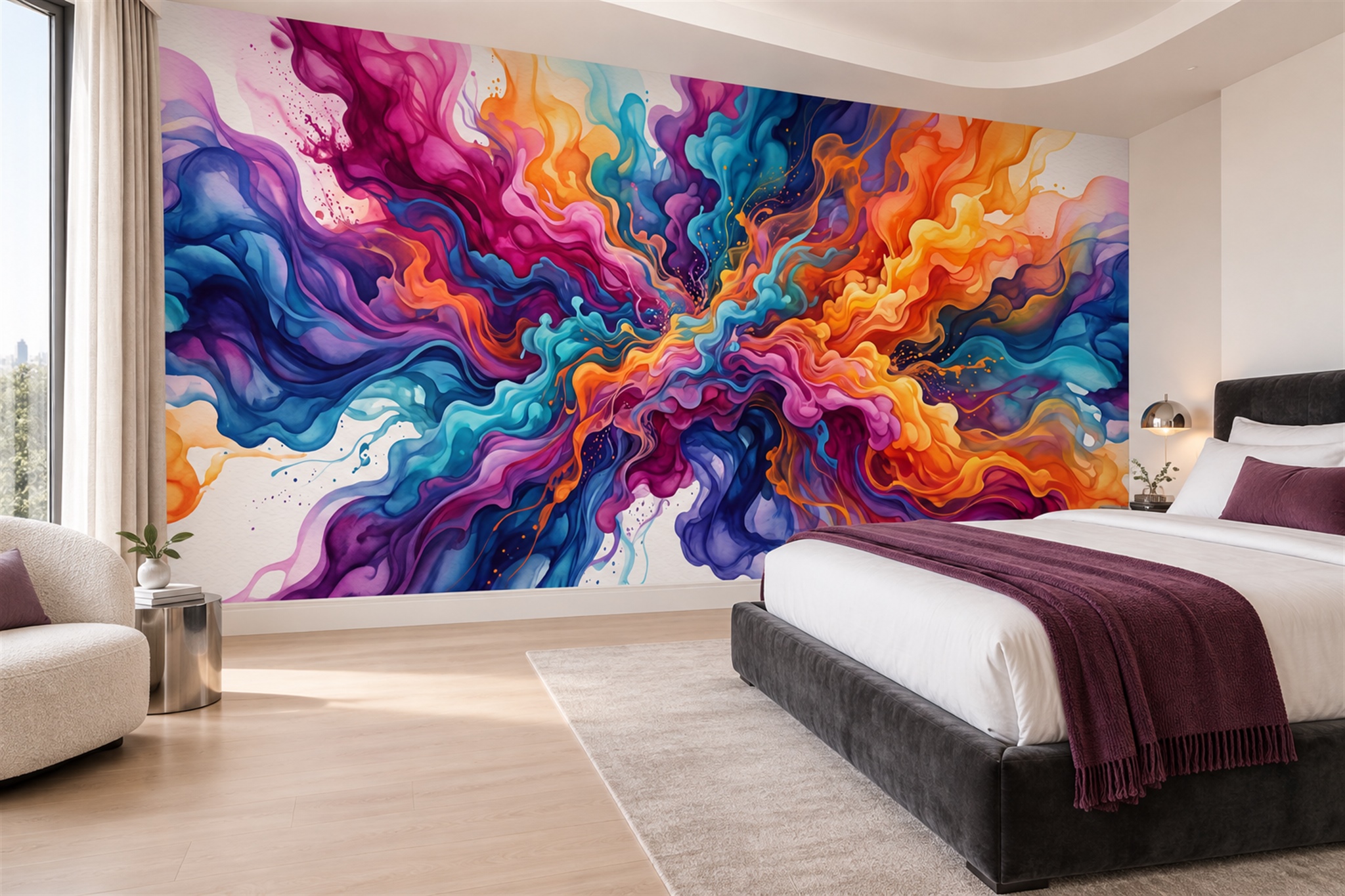 Purple Fluid Artful Wallpaper Mural Bedroom-wallpaper-murals, Peel-and-stick Finish