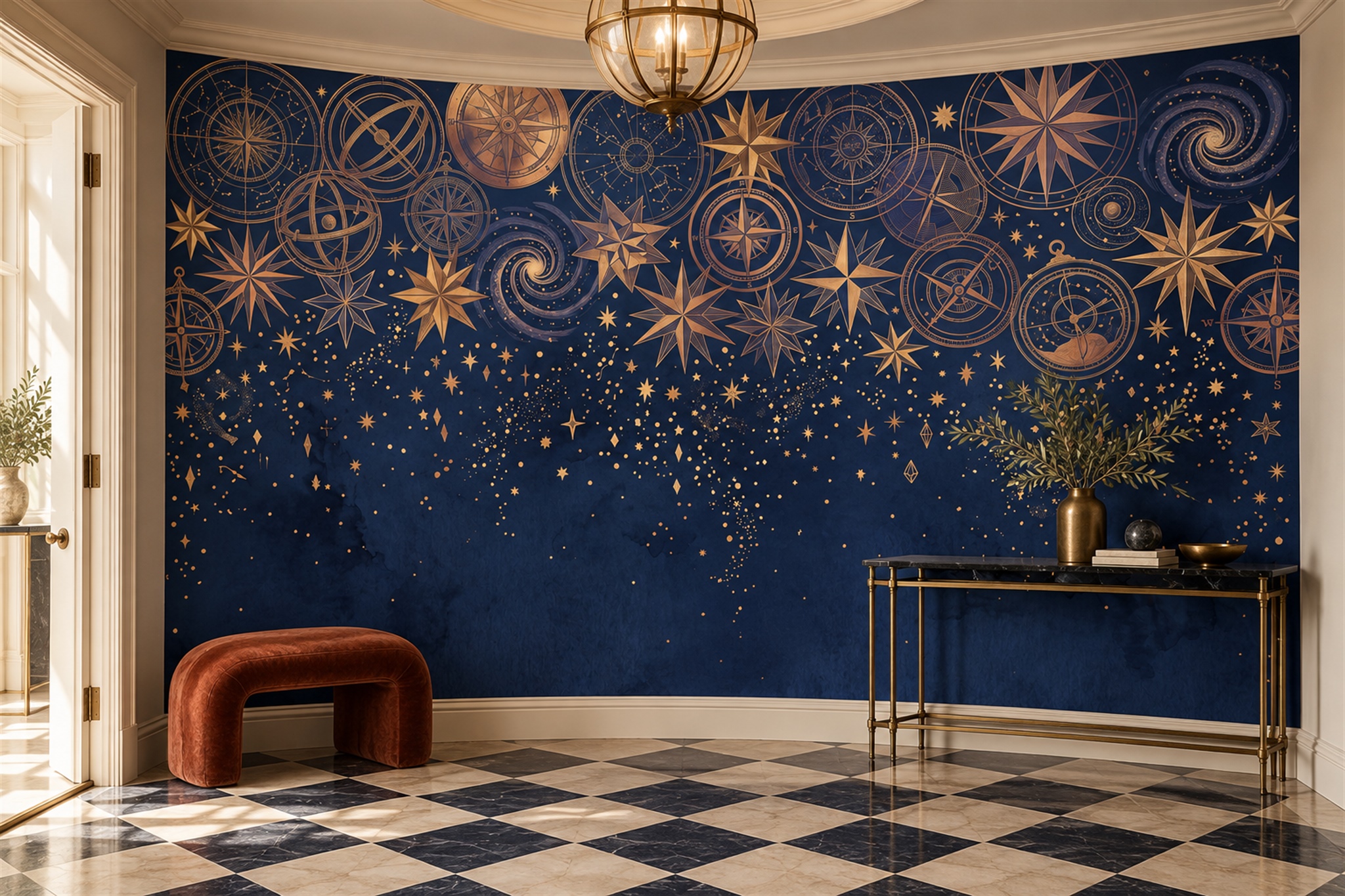 Navy Gold Celestial Stars And Constellations Wallpaper Mural — Installed Wallpaper Mural In A Entryway, Peel-and-stick Finish