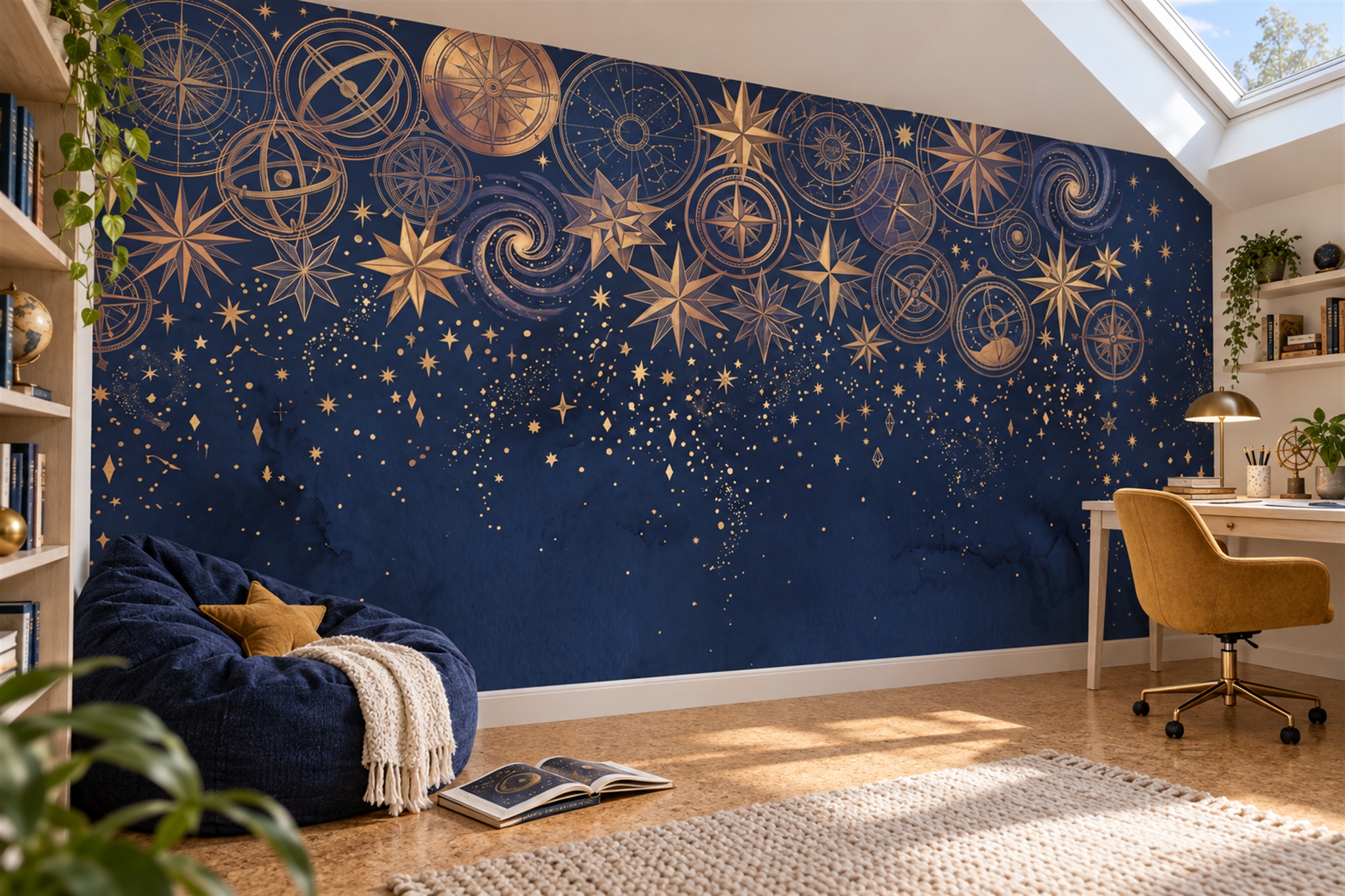 Gold Pattern Decorative Wallpaper Mural Layered Atmospheric Wallpaper Home-office-wallpaper-murals, Shown In A Home Office, Peel-and-stick Finish
