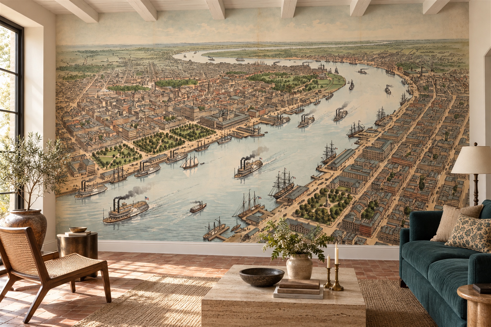 Beige Cityscape Wallpaper Mural, Peel-and-stick Finish