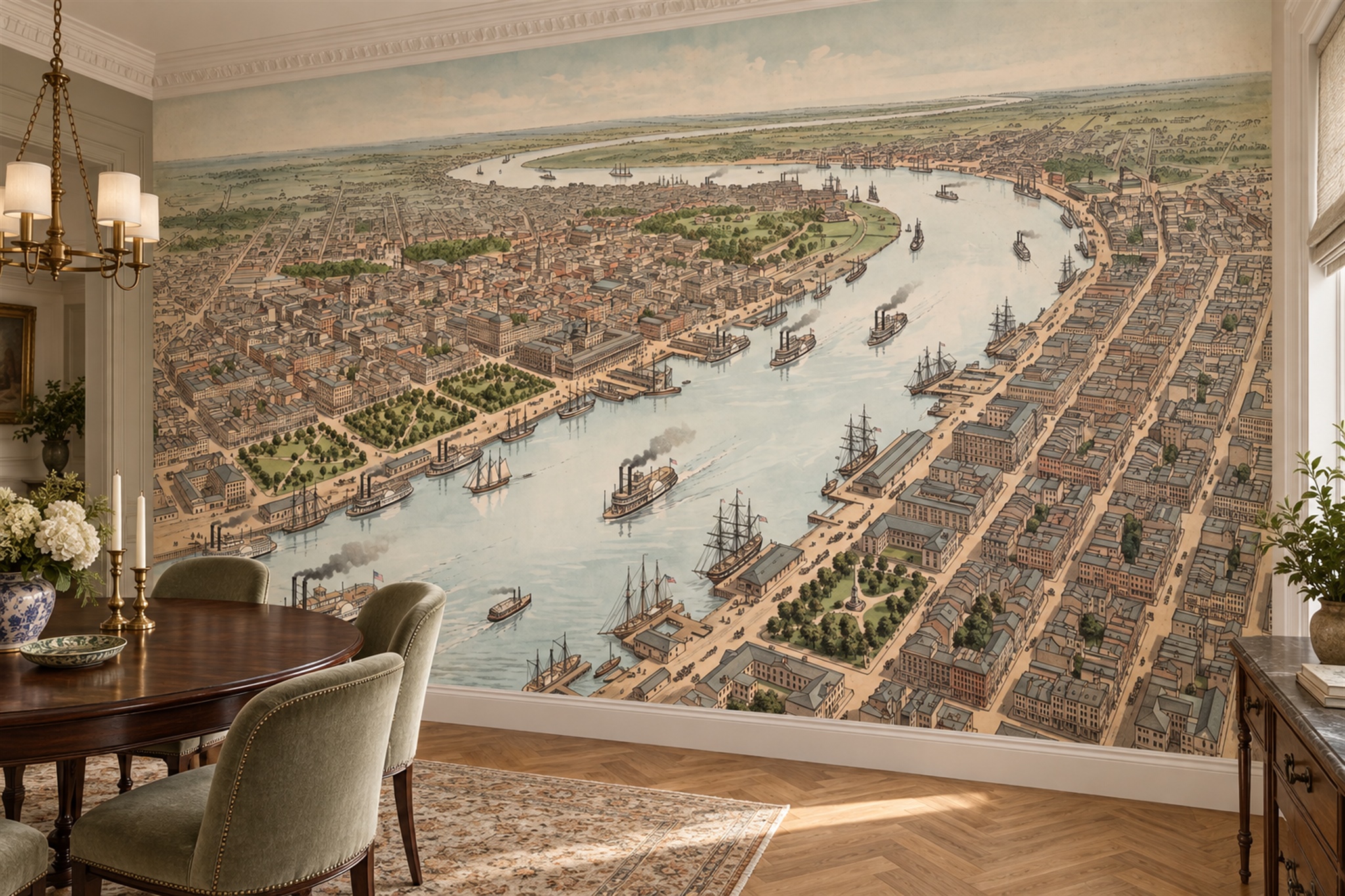 Beige Cityscape Wallpaper Mural, Shown In A Dining Room, Peel-and-stick Finish