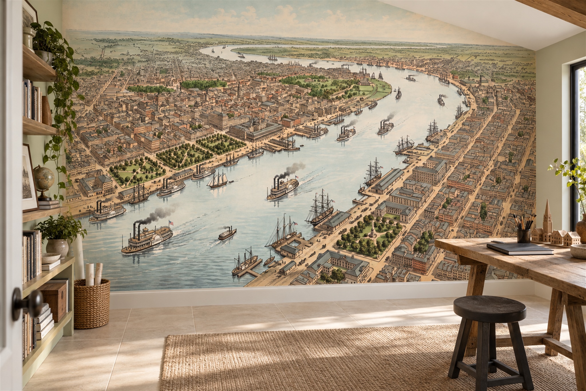 Beige Cityscape Wallpaper Mural, Peel-and-stick Finish