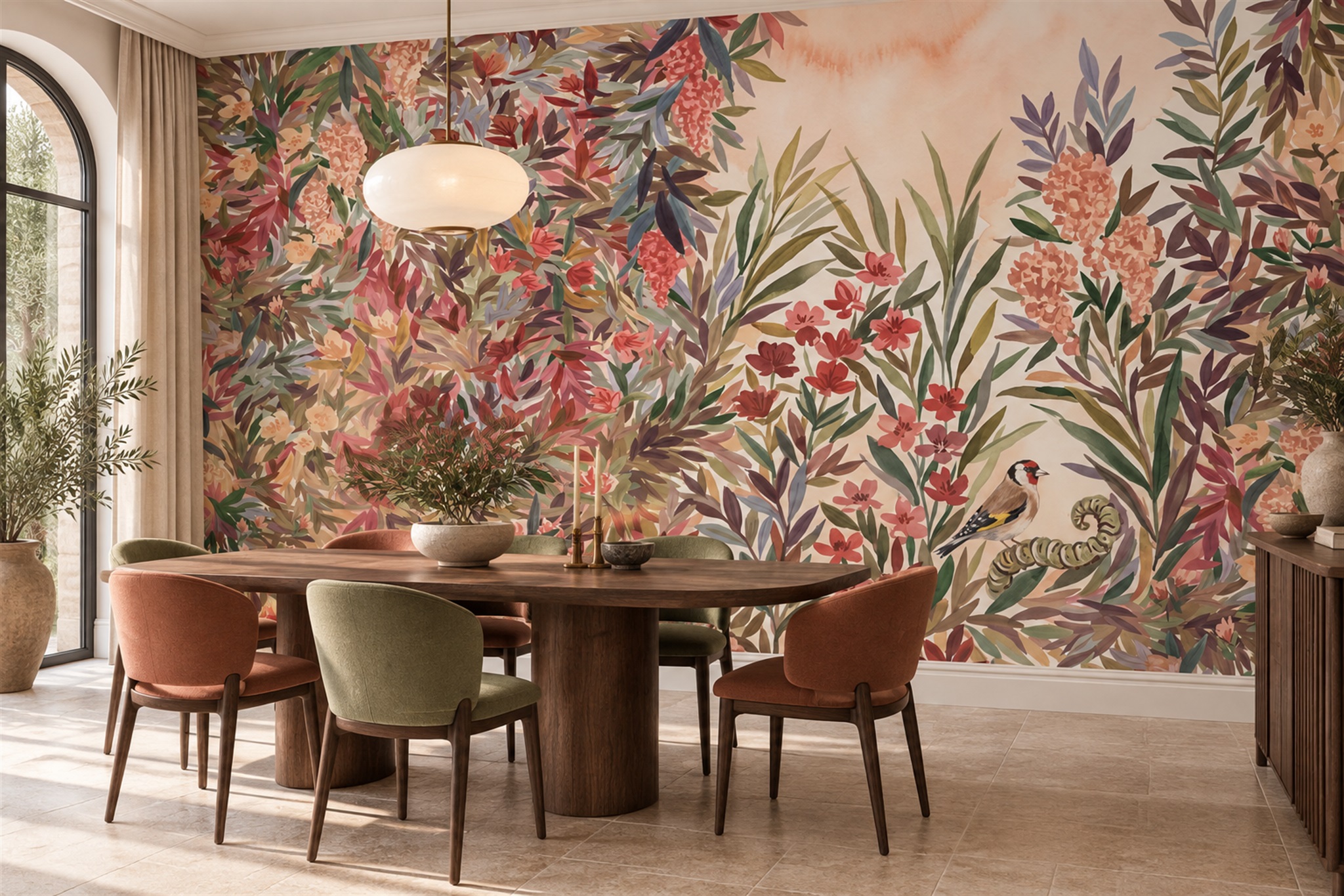 Coral Leaf Botanical Wallpaper Mural Dining-room-wallpaper-murals, Shown In A Dining Room, Peel-and-stick Finish