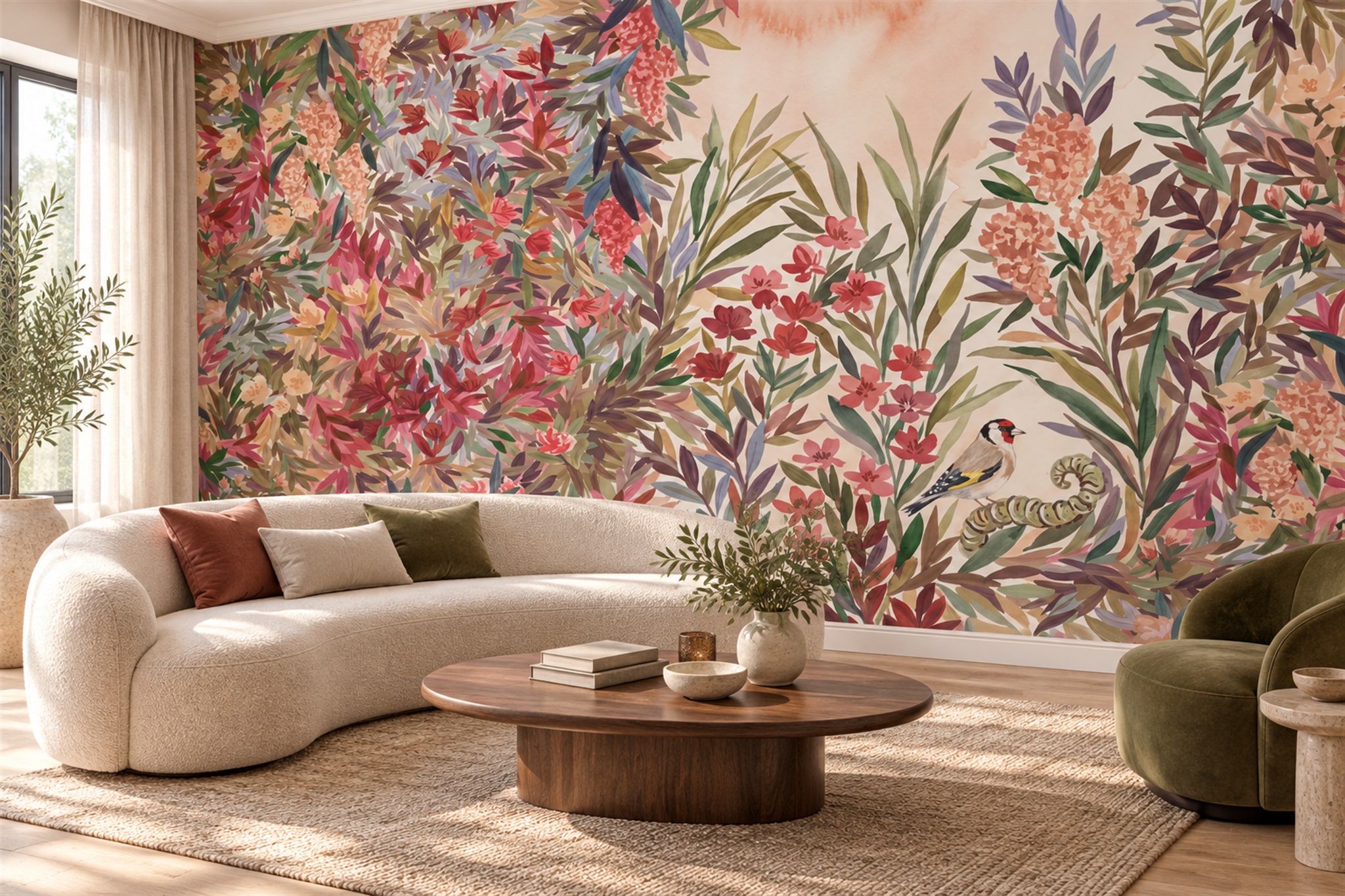 Watercolour Wildflower Border With Songbird Wallpaper Mural — Wallpaper Mural Design, Peel-and-stick Finish
